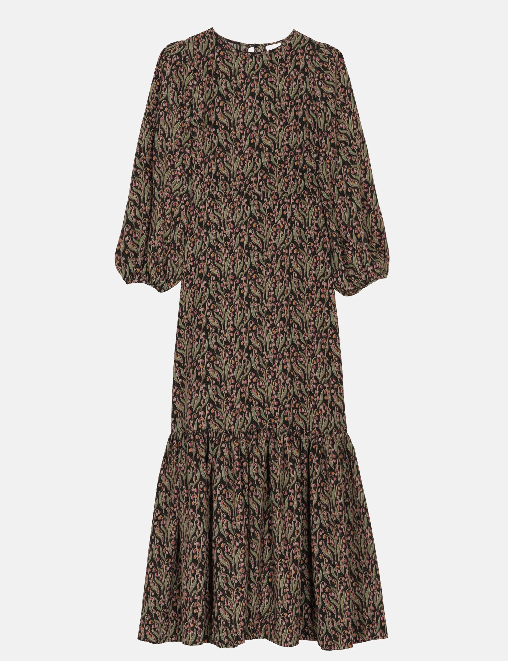 Green and pink flower patterned maxi dress with long puff sleeves