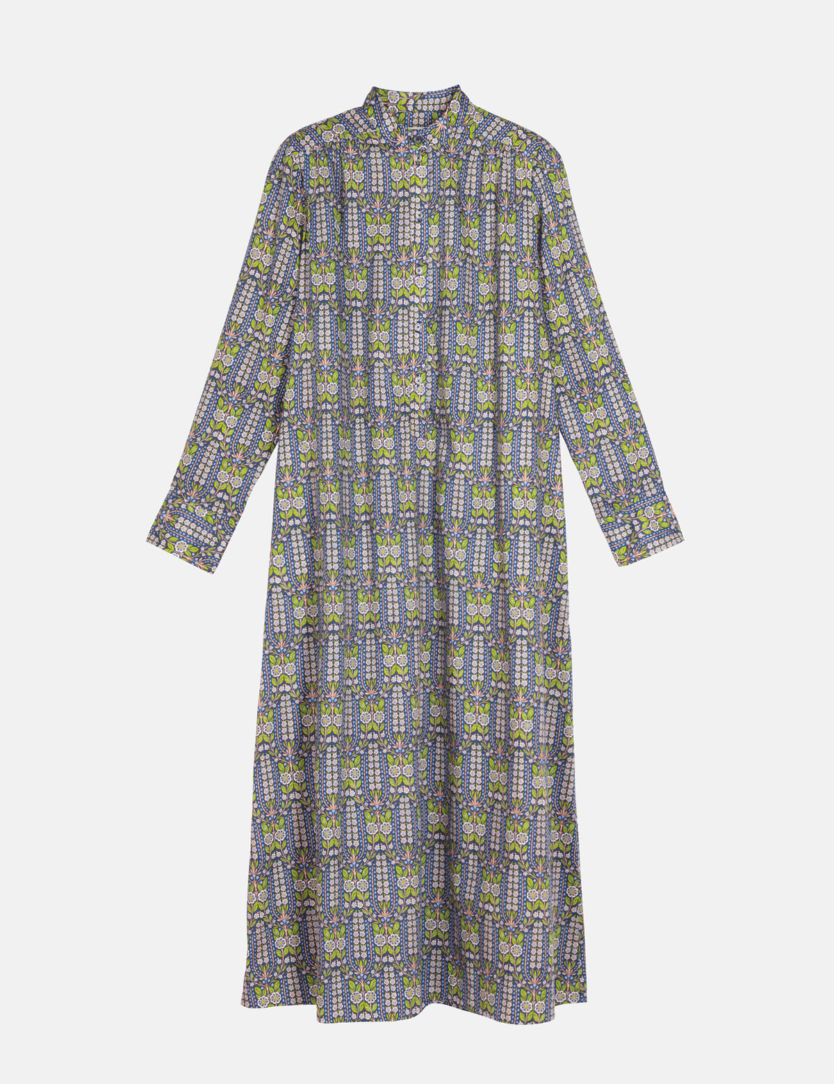 A long-sleeve dress with a geometric pattern in blue, green, and white, displayed on a light gray background.
