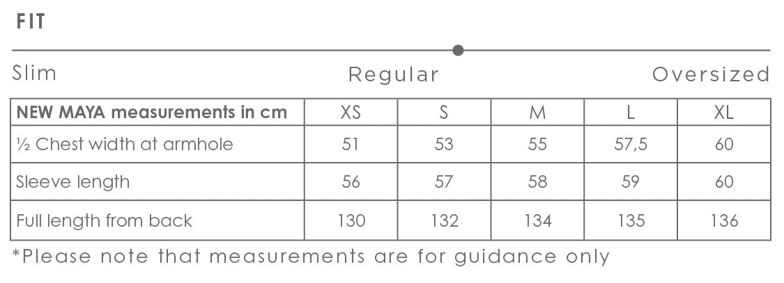 New Maya dress size chart