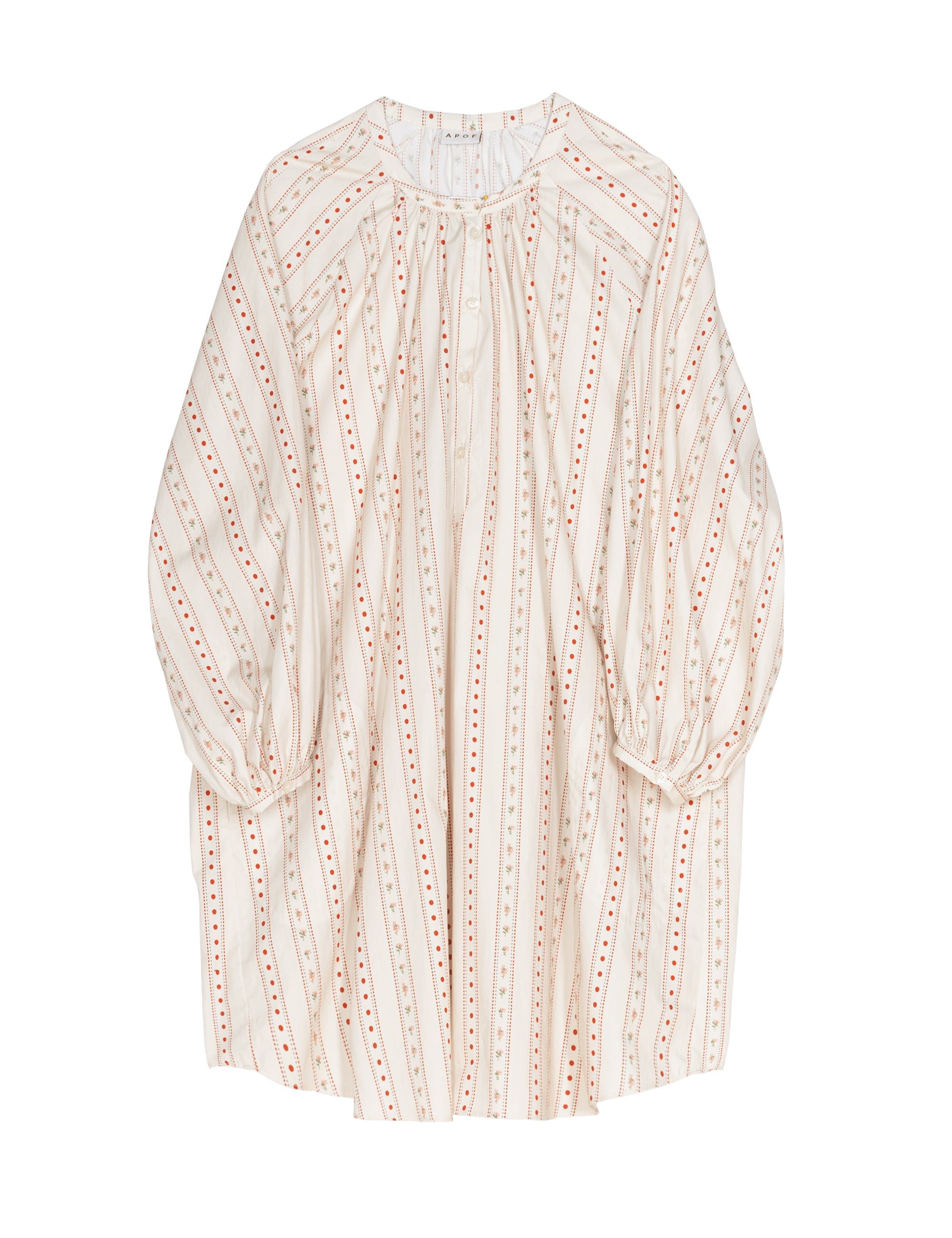 Long beige patterned women's shirt with long sleeves on a white background