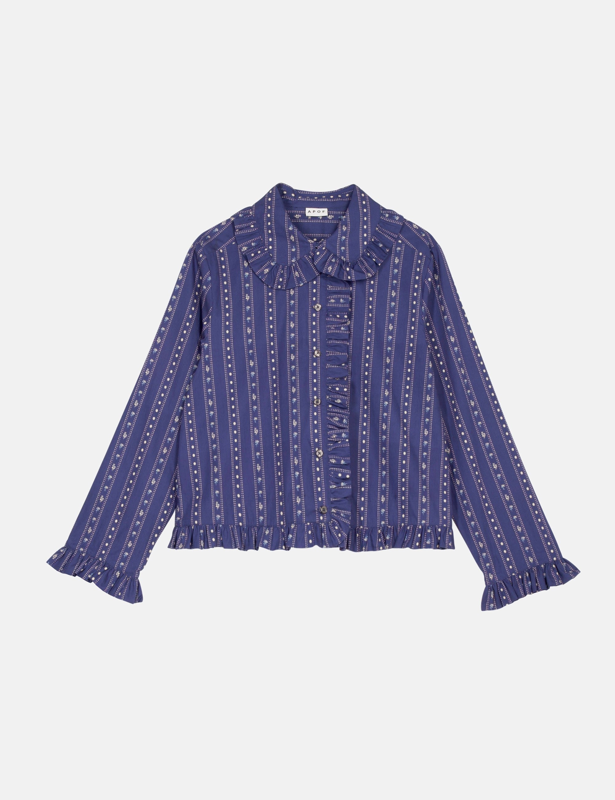 Navy blue patterned women's shirt with frilled collar and cuffs