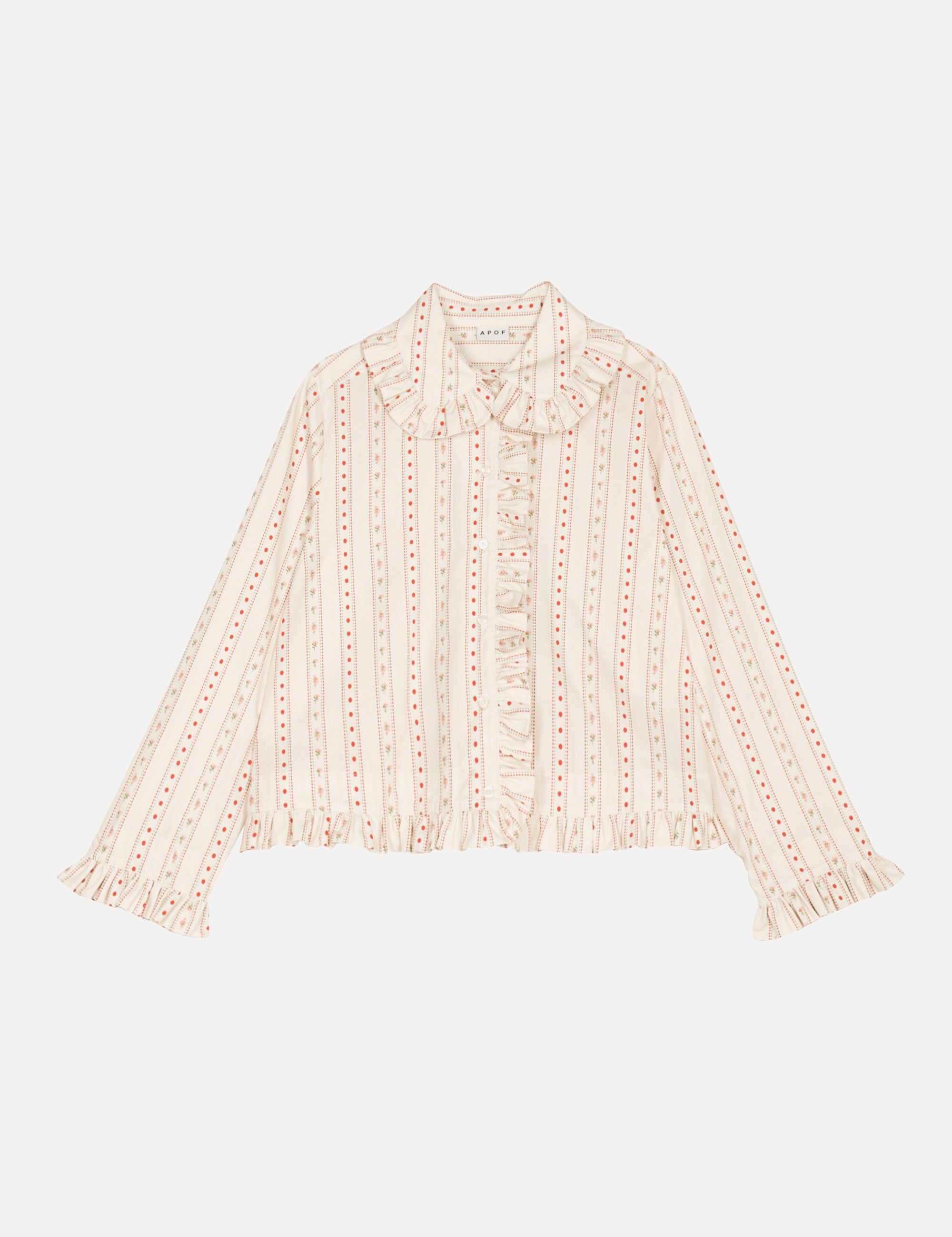 Creme colored patterned blouse with frilled collar