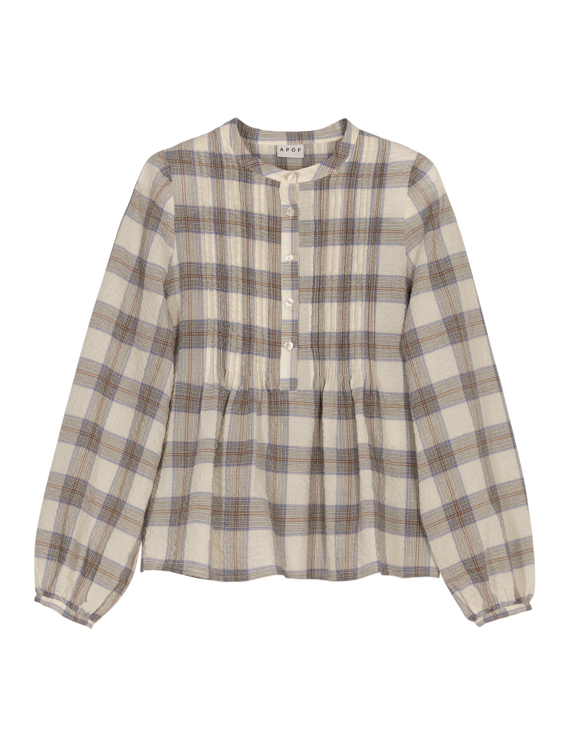 Women's check patterned shirt in seersucker with long sleeves and front buttons