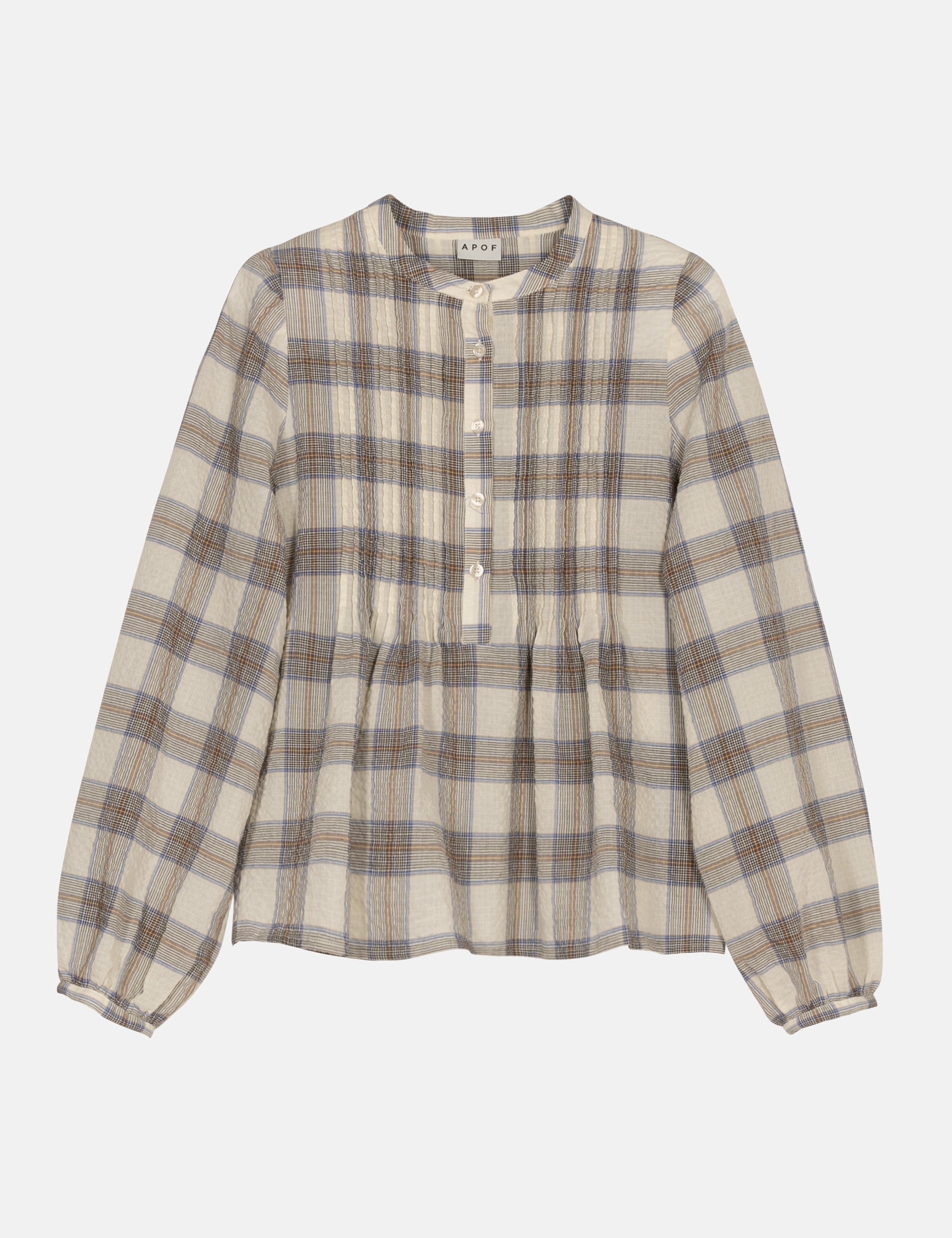 Women's check patterned shirt in seersucker with long sleeves and front buttons