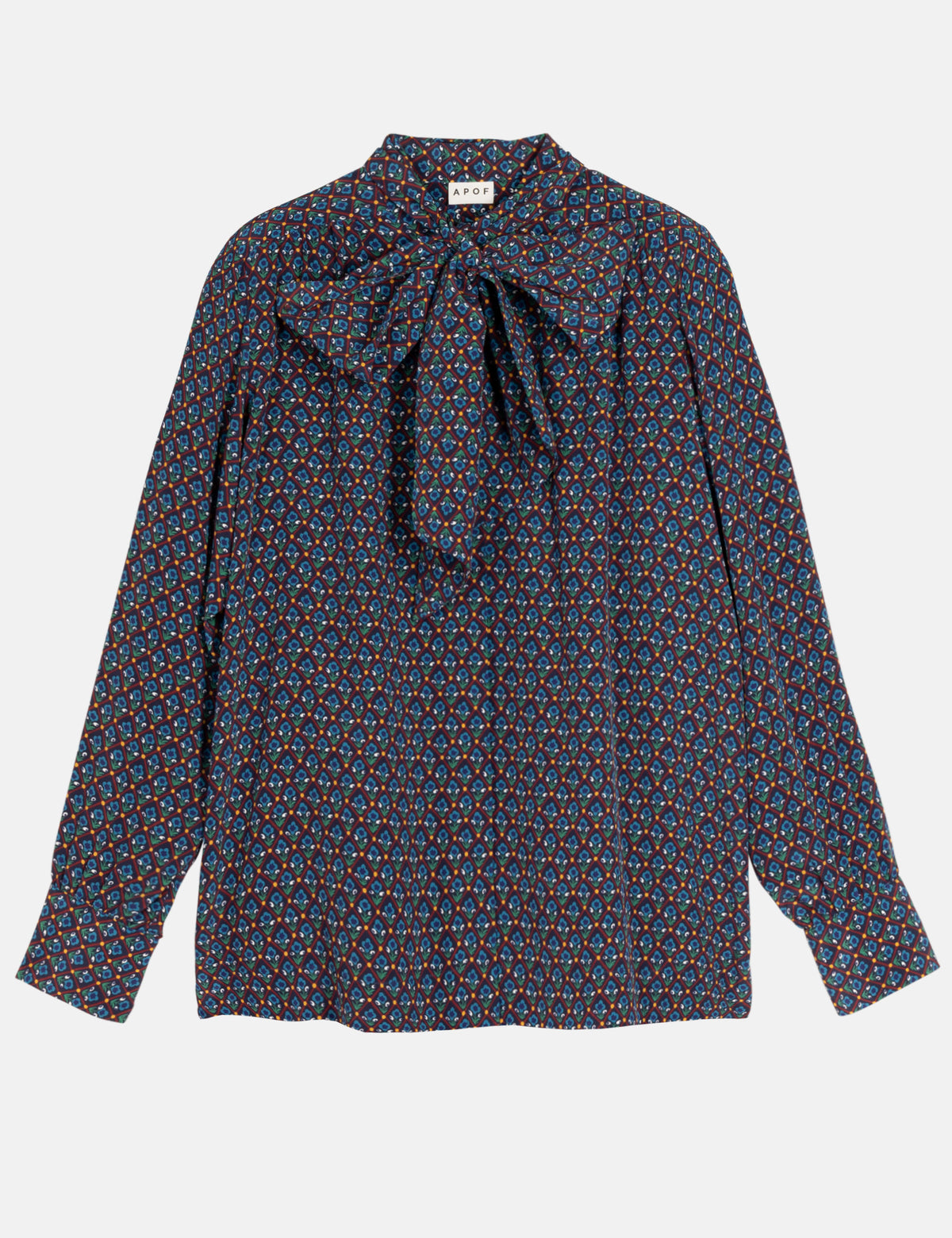 A long-sleeve blouse with a small-scale multicolor floral print on a dark navy base, featuring a large bow tie at the collar. The brand name 'L.