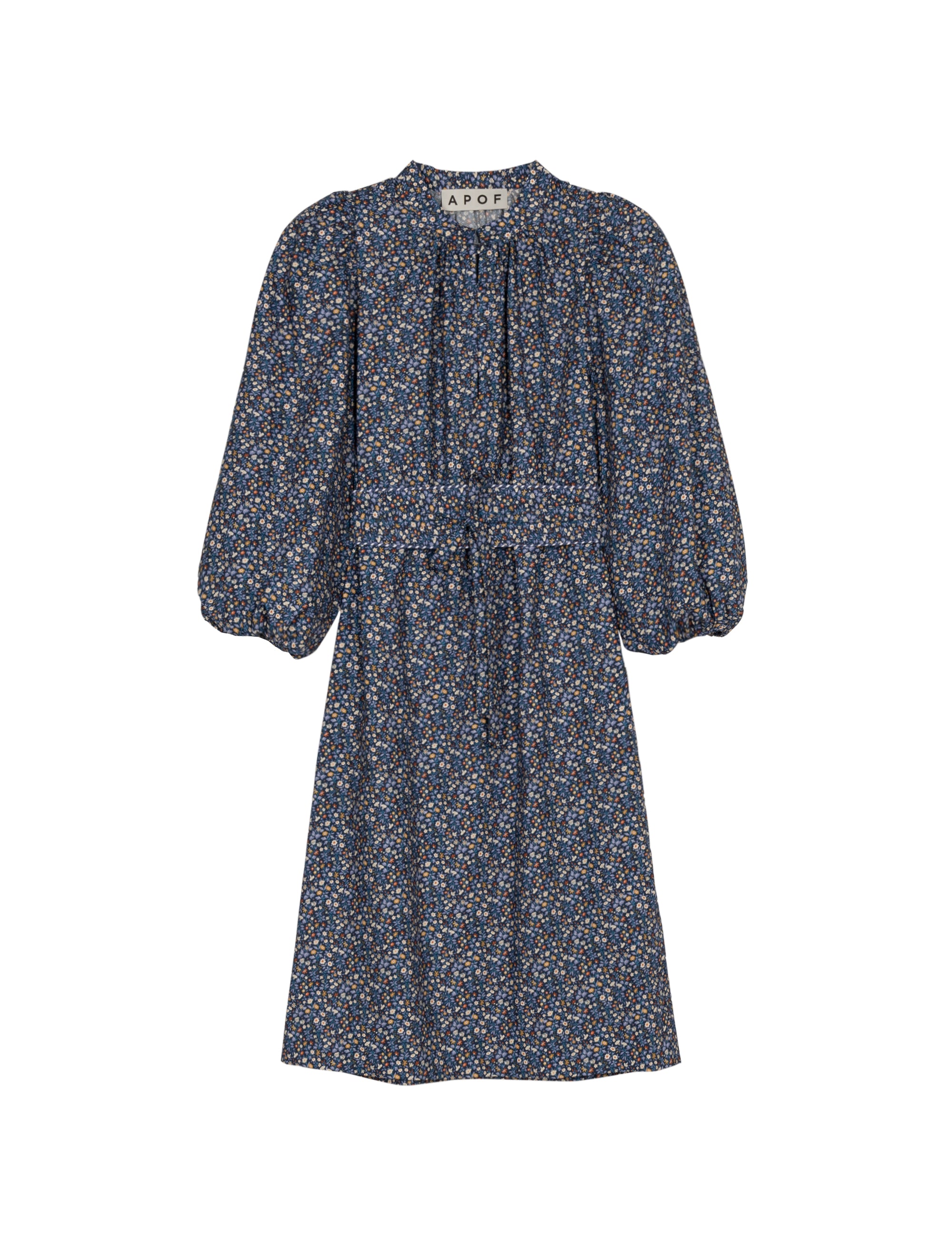 Blue floral dress with long sleeves and matching belt on a white background
