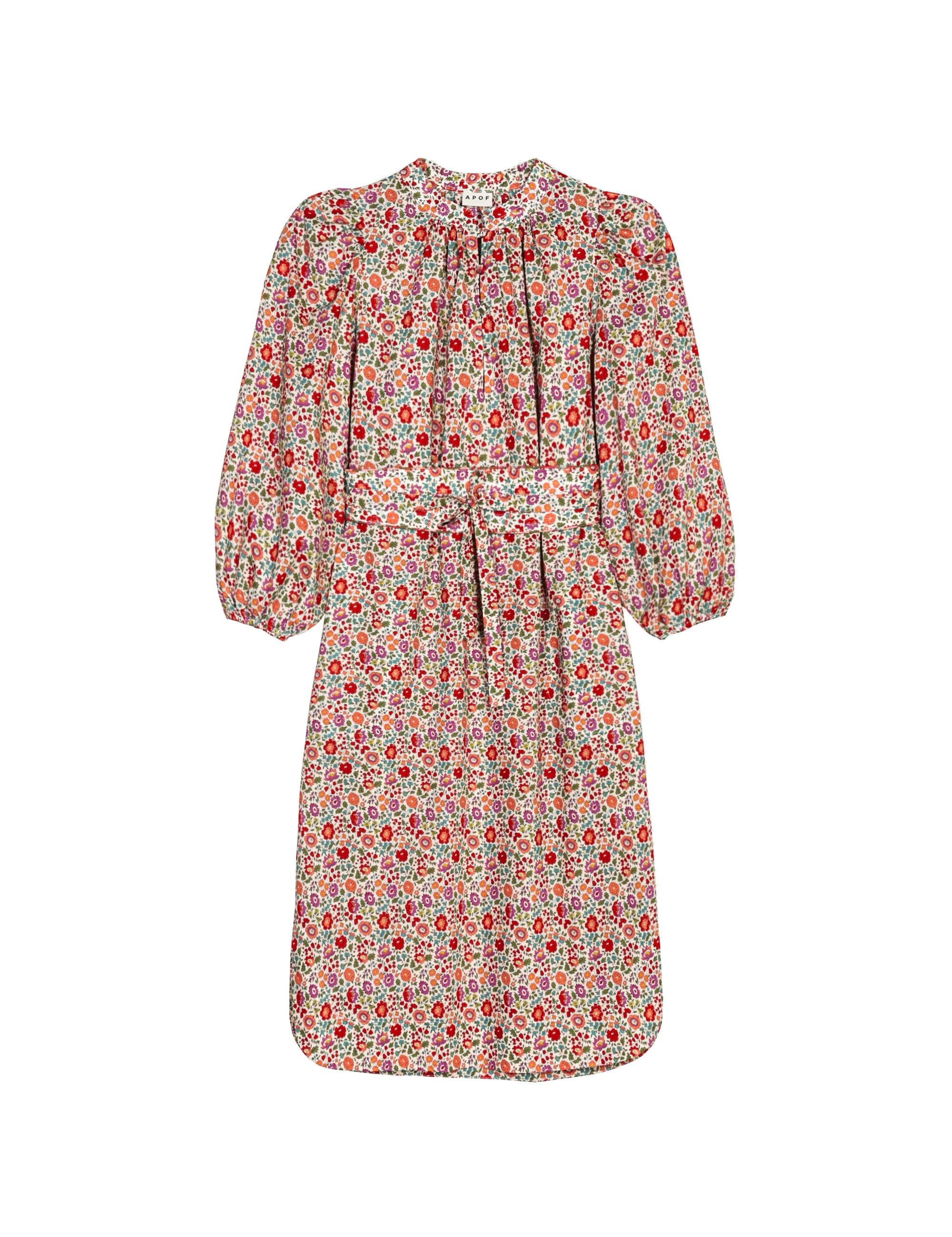 Pink floral patterned cotton midi dress with long puff sleeves and matching cotton belt