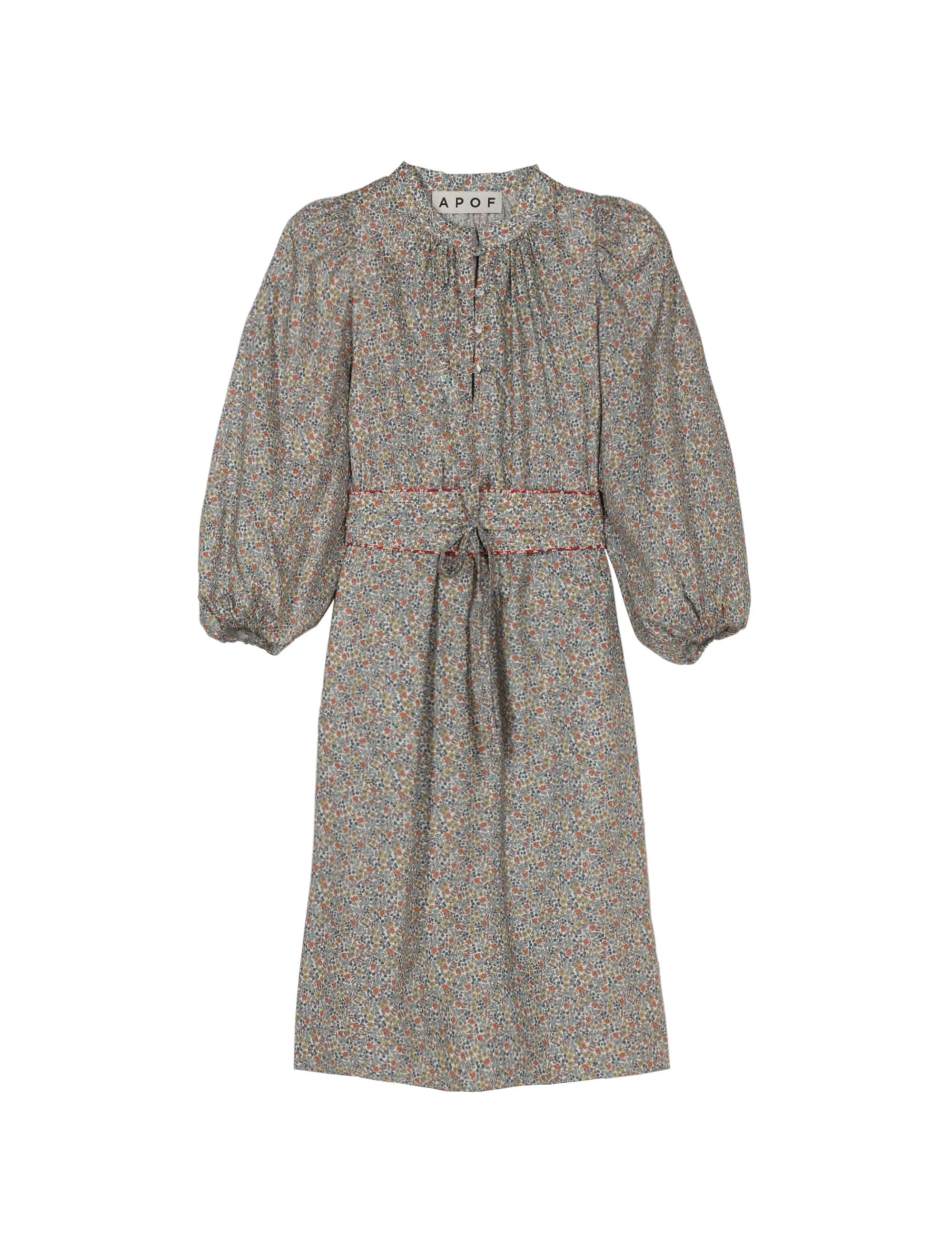 Floral dress with long puff sleeves, buttons and matching belt on a white background