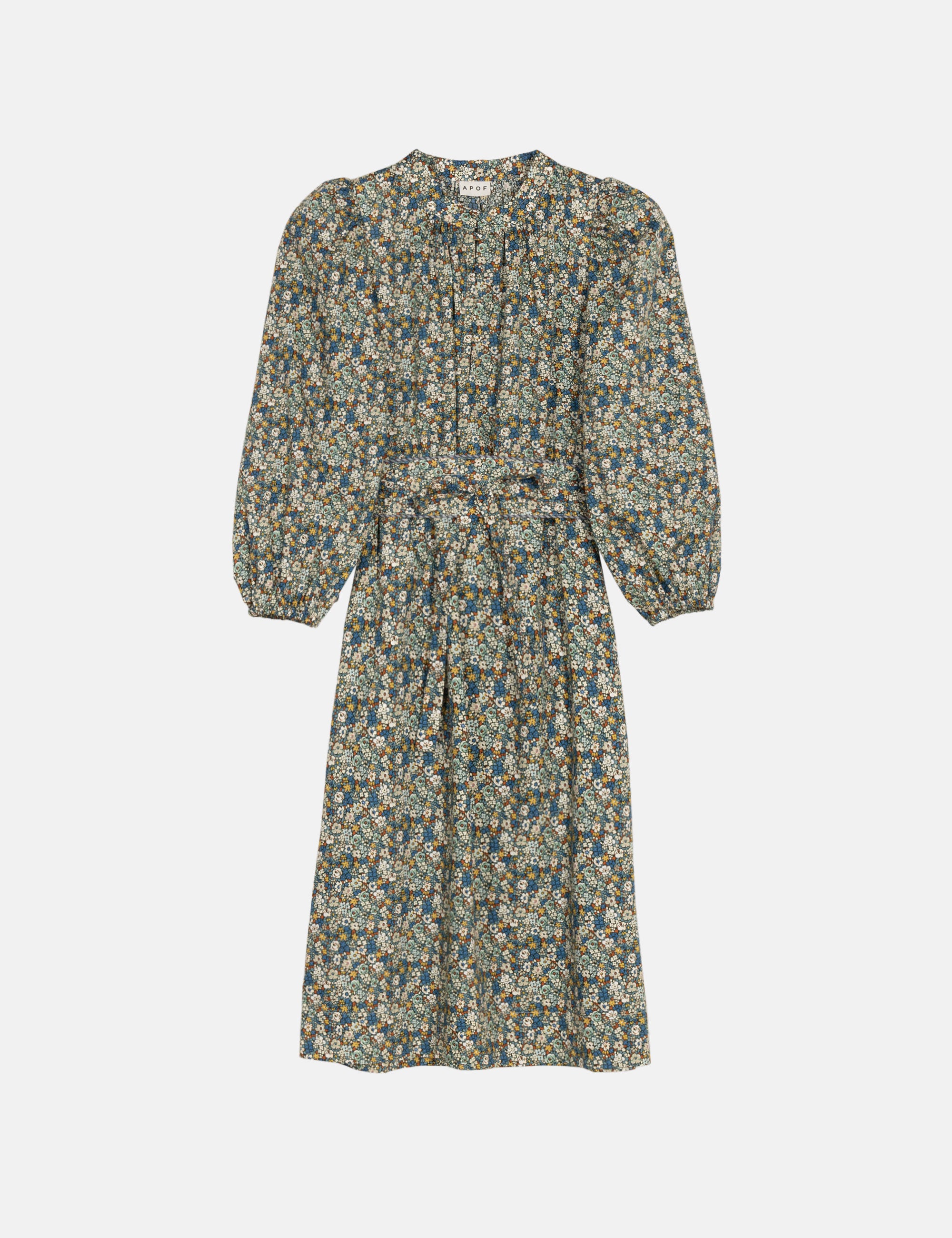 Green and blue floral dress with long sleeves and a belt on a white background