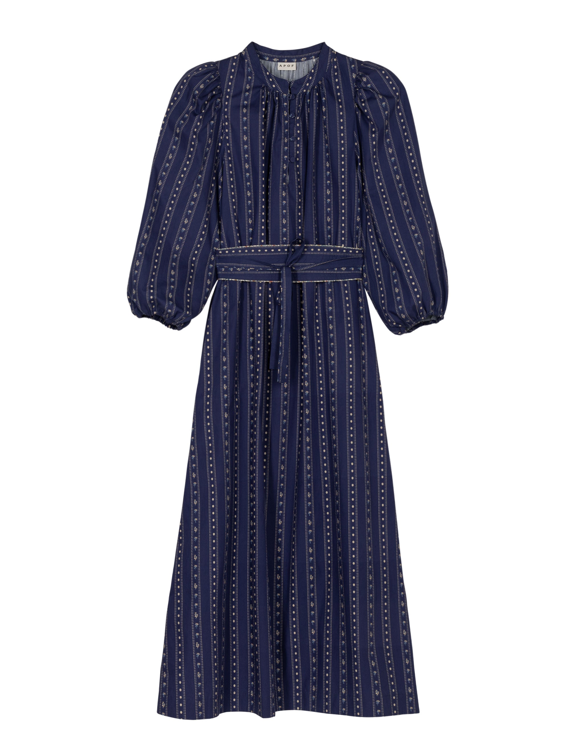 Blue stripe patterned dress with long puff sleeves, collar buttons and matching belt
