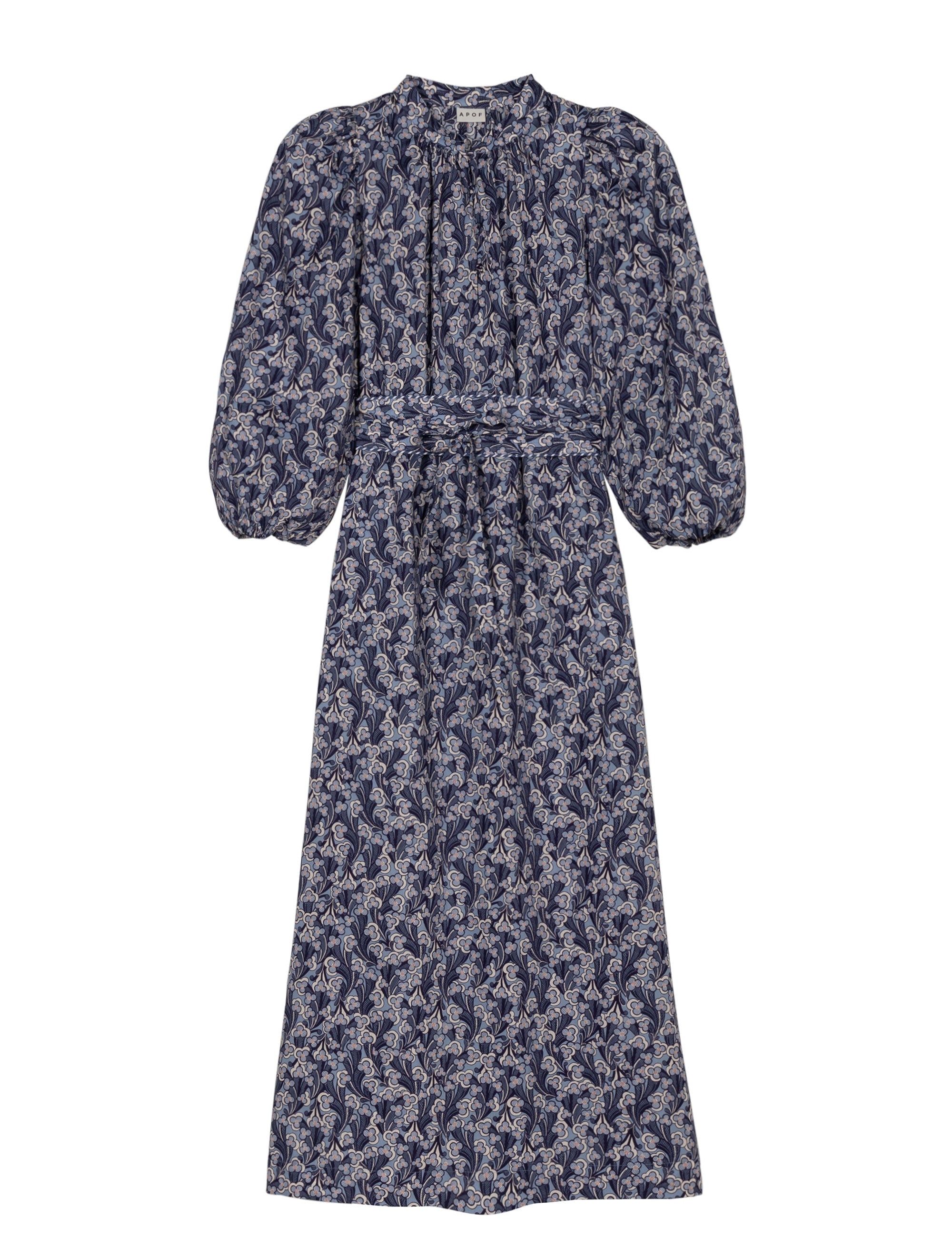 Blue floral maxi dress with long puff sleeves, a round collar with buttons and matching fabric belt