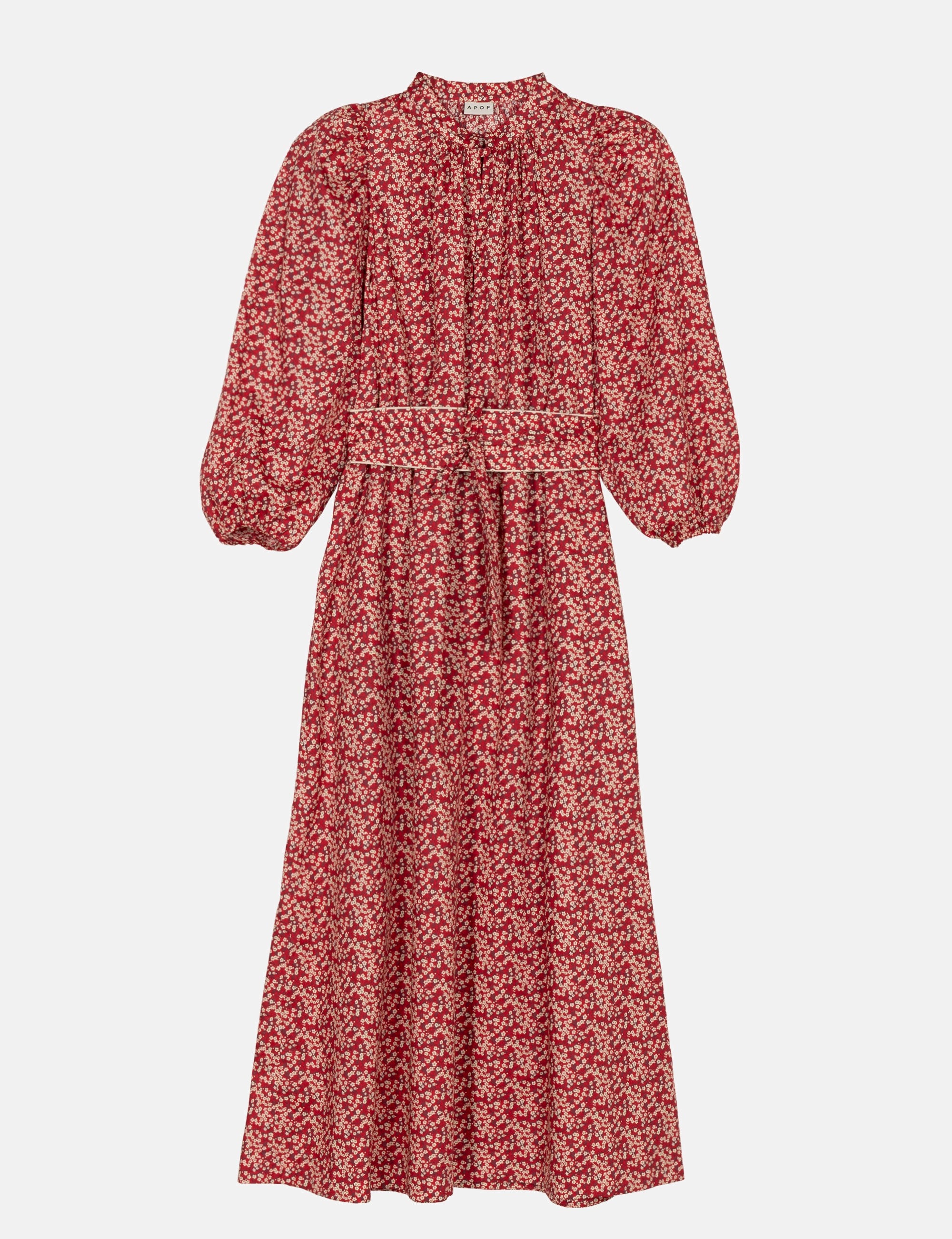 Romantic floral summer maxi dress with long puff sleeves, round collar with covered buttons and matching fabric belt