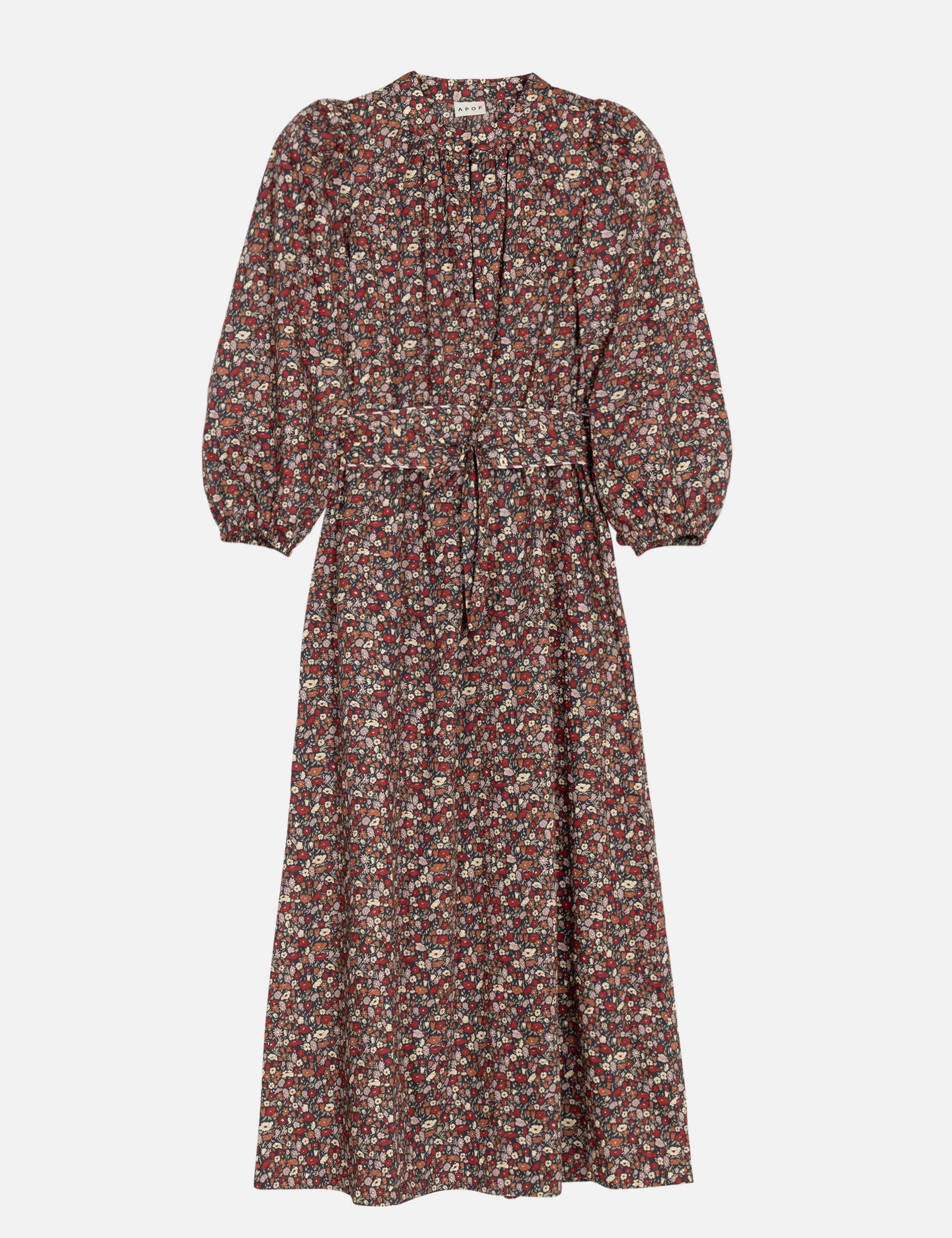 Floral dress with long sleeves and belt on a white background
