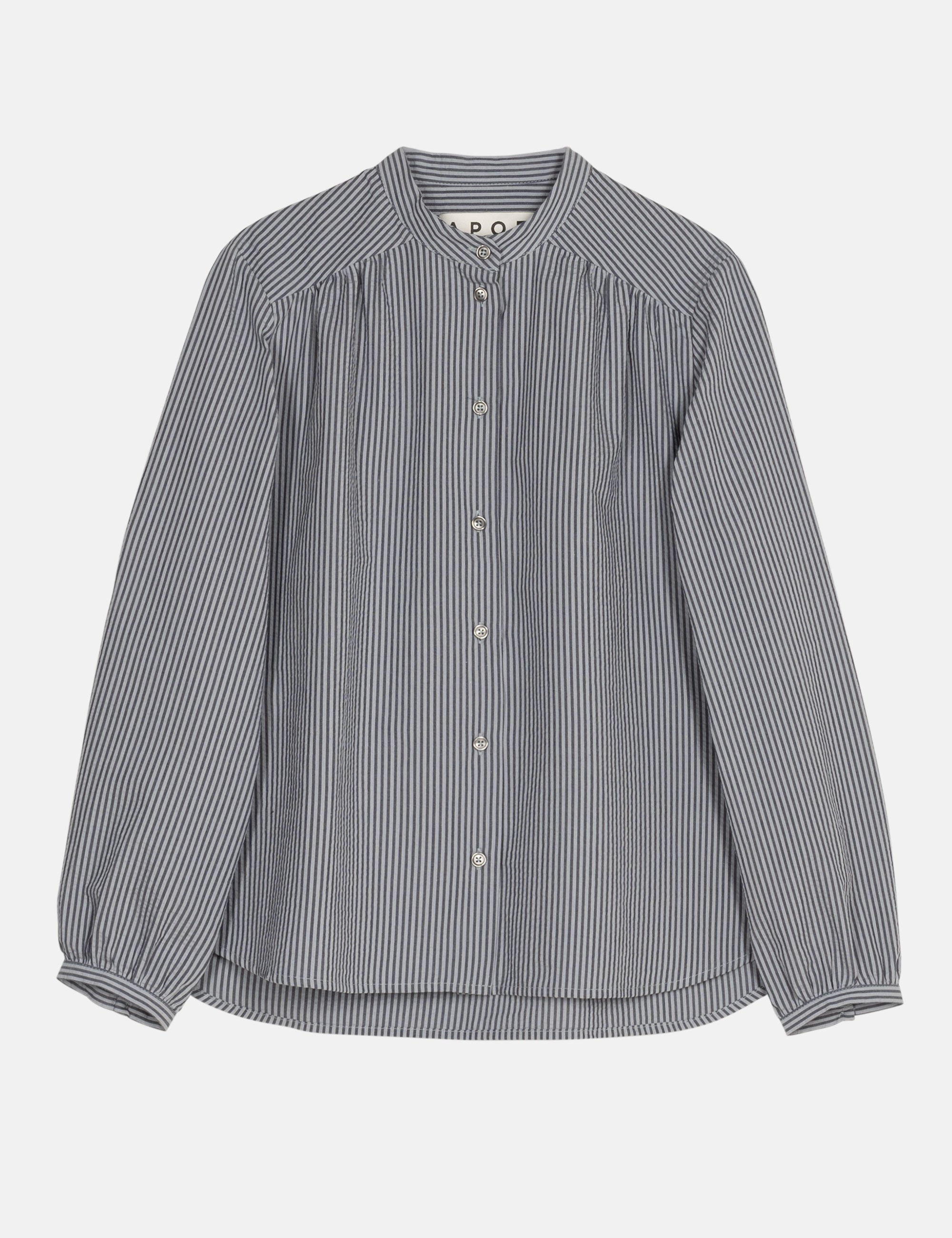 Gray and white striped women's shirt with buttons and long sleeves