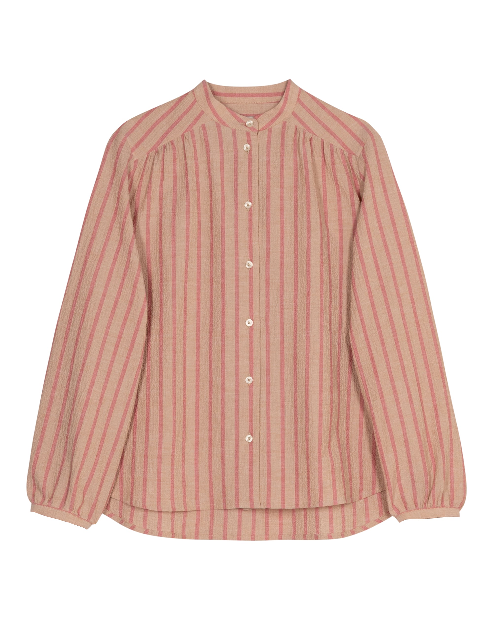Pink and white striped women's shirt with long sleeves and buttons on a white background