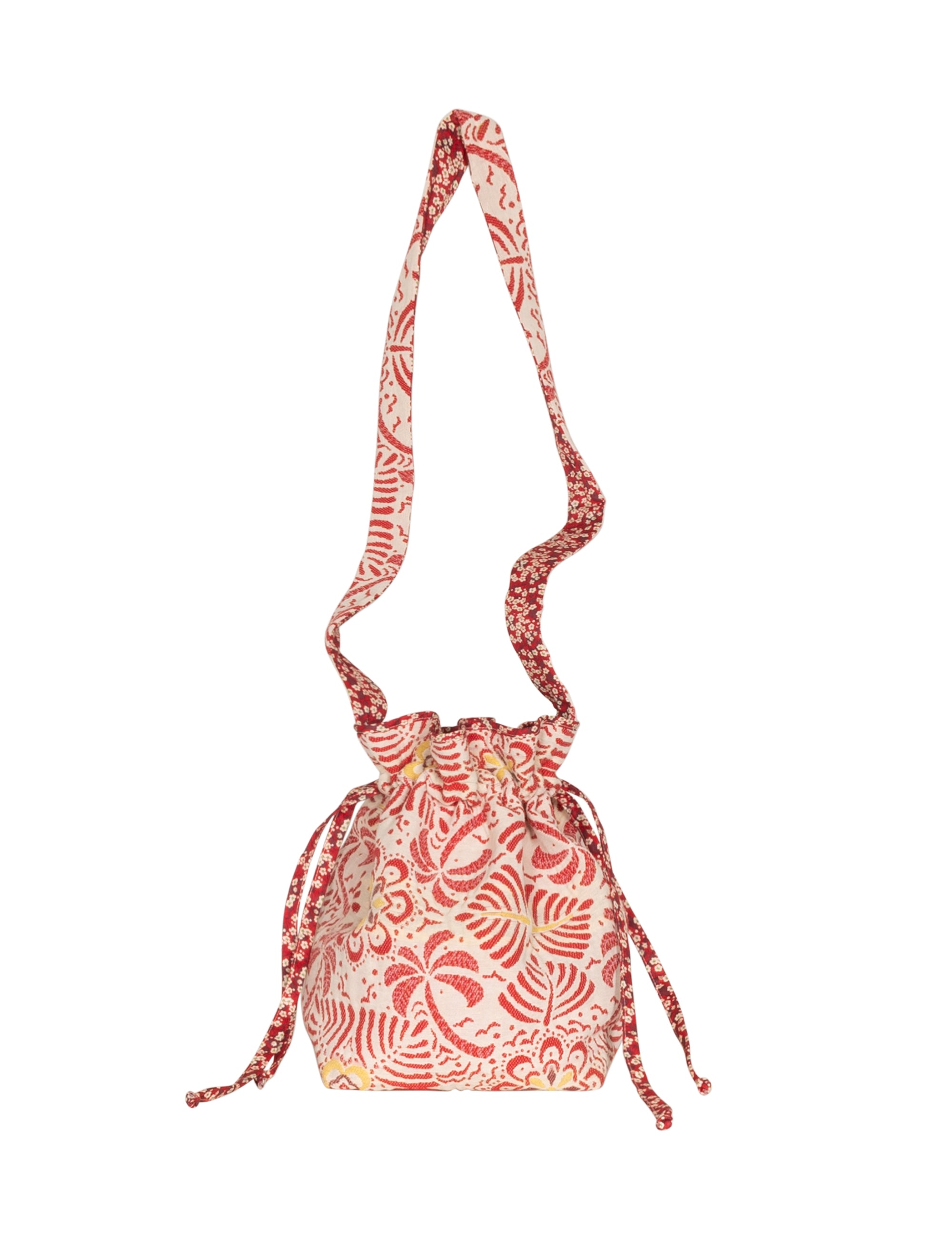 Drawstring bag with red and white floral pattern on a white background