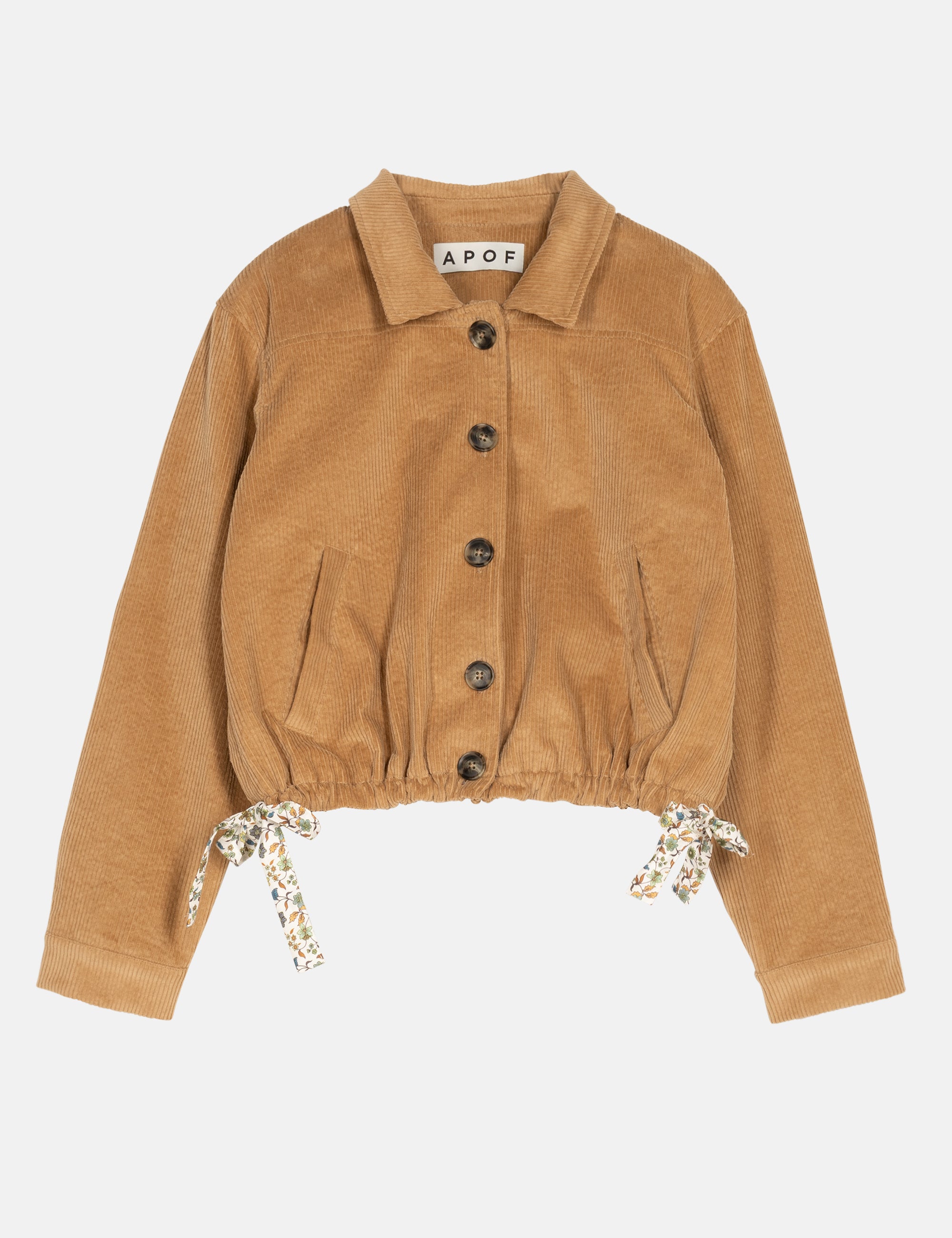 Brown women's jacket with decorative ties on a white background
