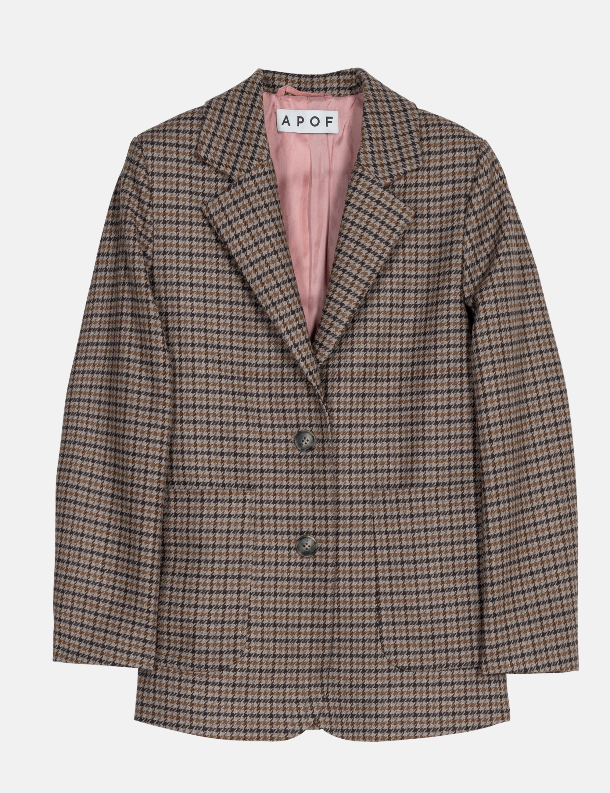 Women's brown and beige plaid blazer with pockets and buttons