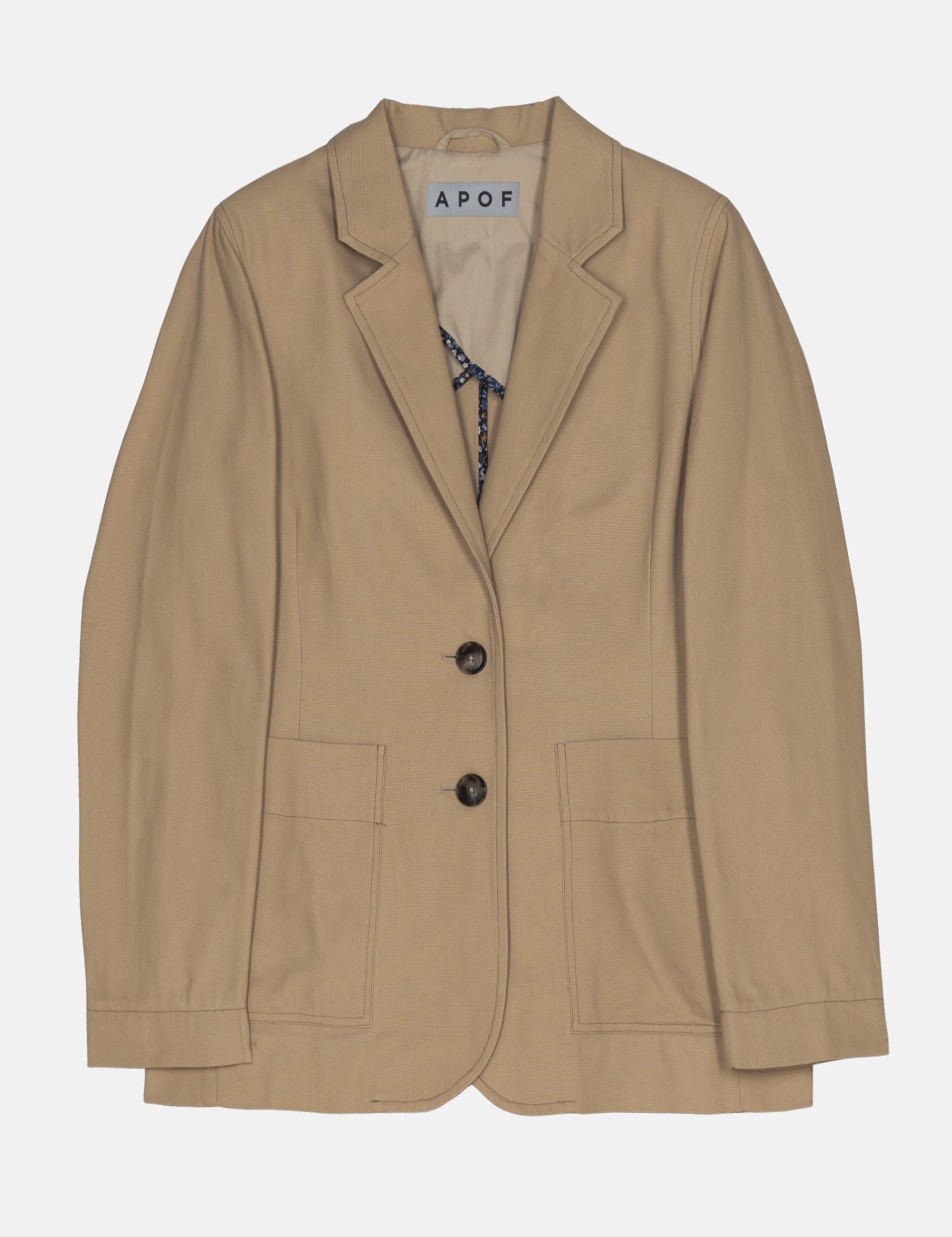 Beige women's canvas blazer with two buttons and pockets