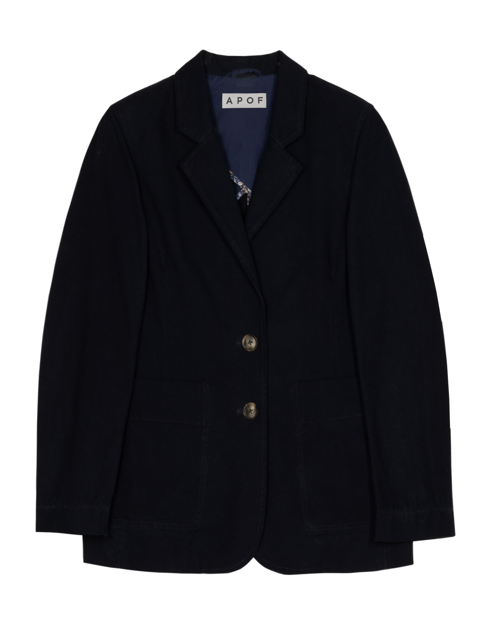 Dark blue women's blazer with buttons on a white background