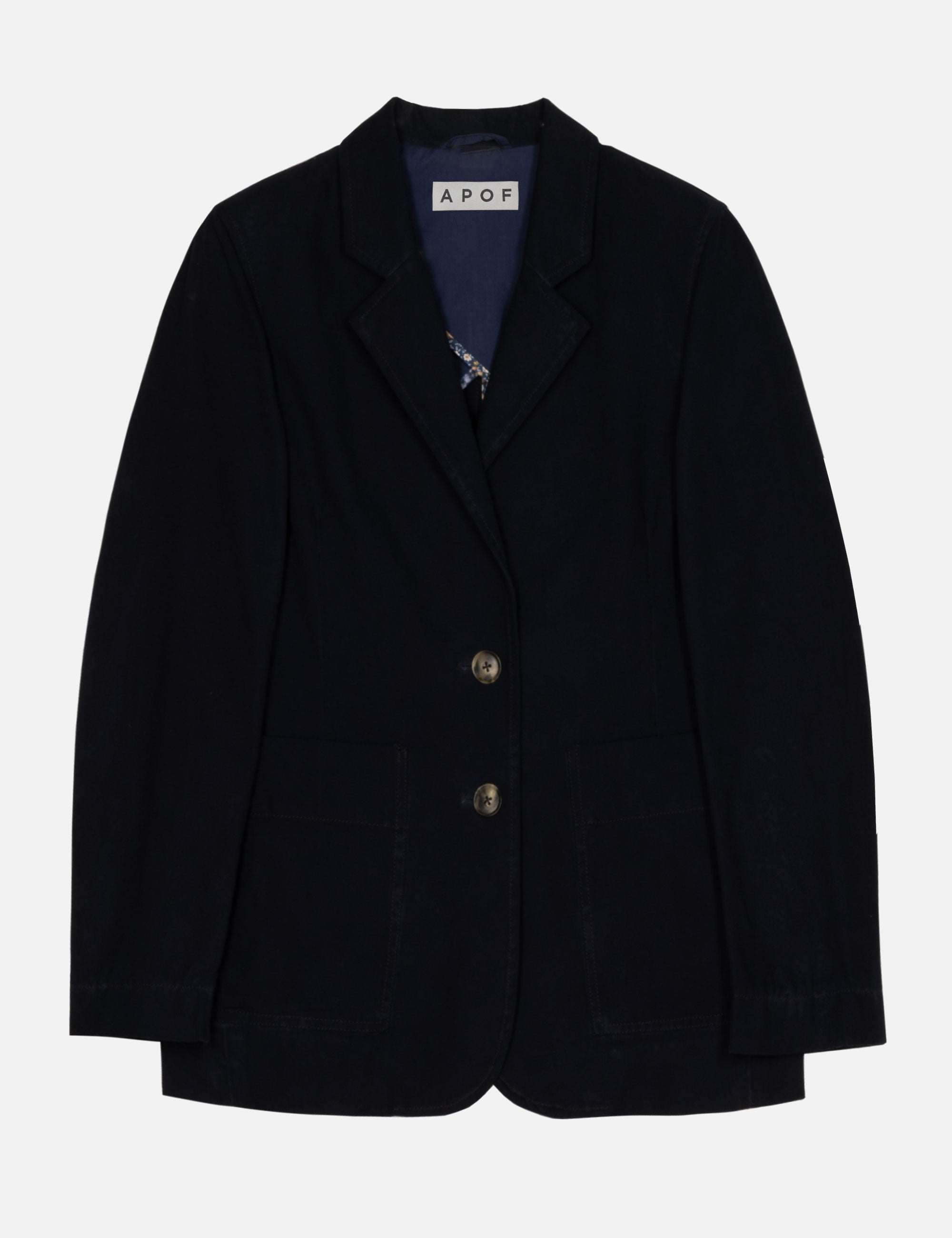 Dark blue women's blazer with buttons on a white background