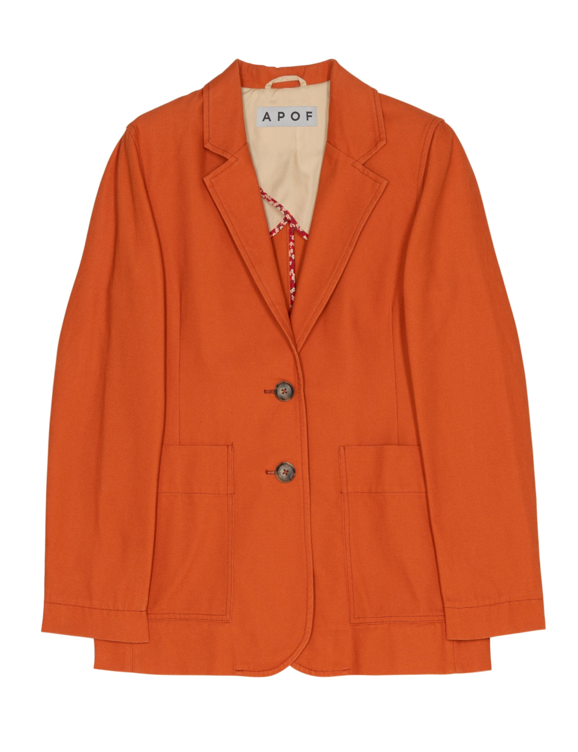 Orange women's blazer with a visible APOF brand label on a white background