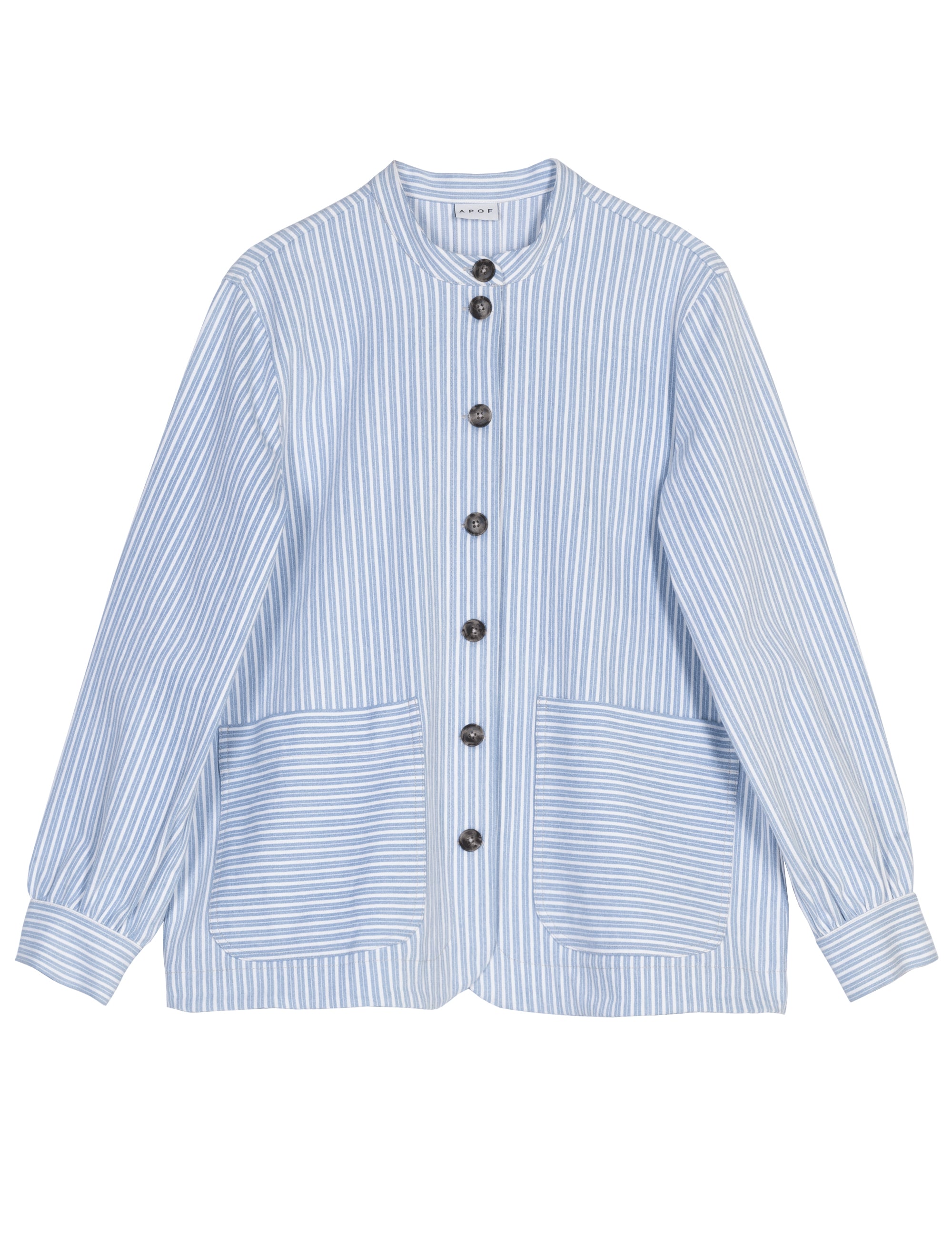 Blue and white striped women's jacket with buttons and pockets on a white background