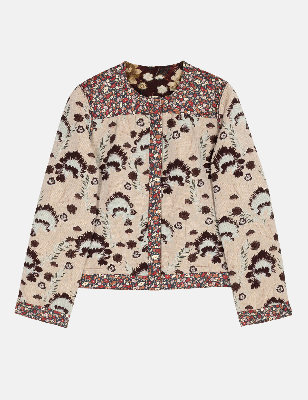 Beige women's jacquard jacket with brown floral pattern on a white background