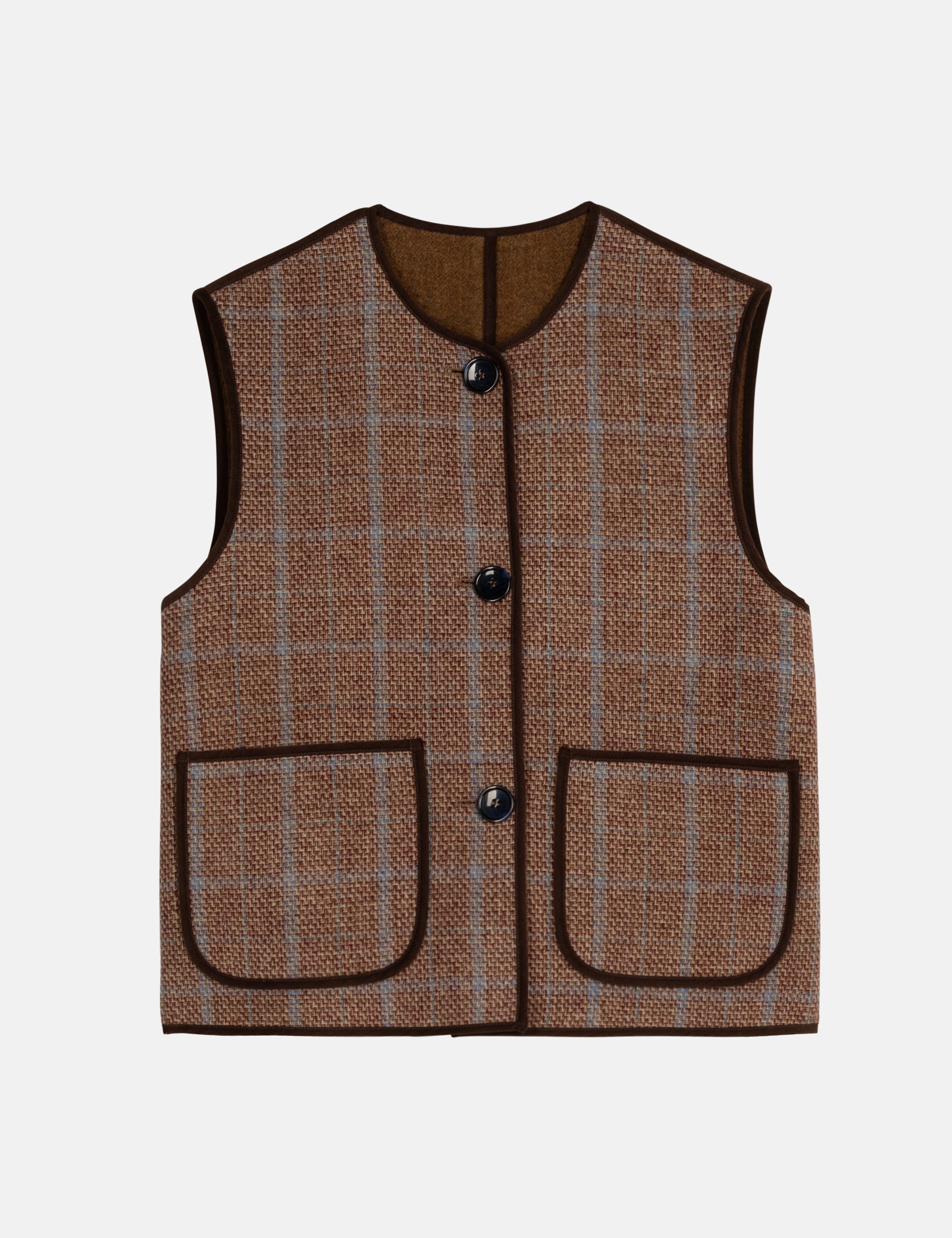 Plaid patterned vest with button details and pockets on a light gray background