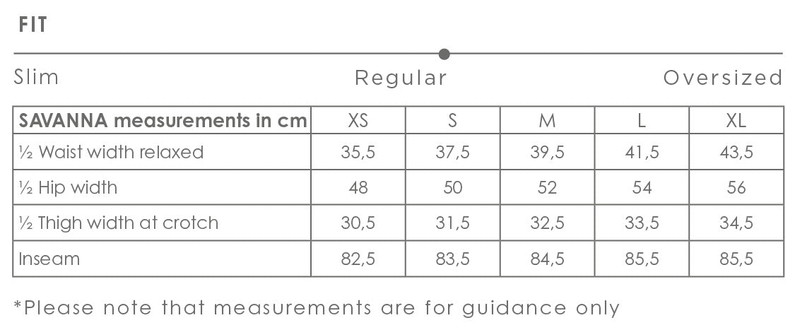 Savanna pants size chart