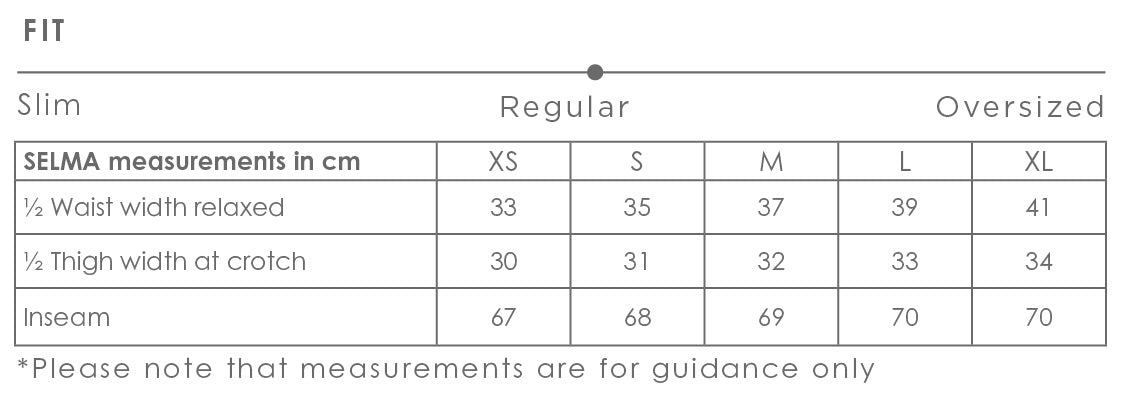 Size chart for Selma women's pants