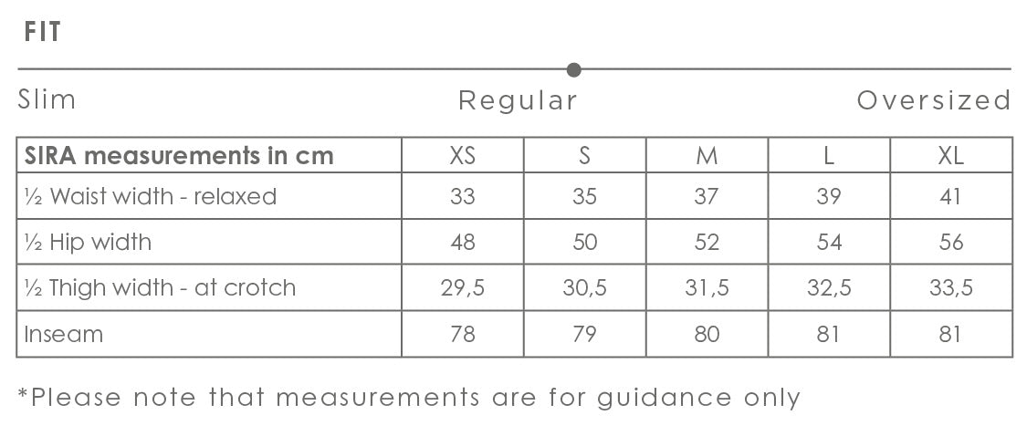 Sira pants size chart