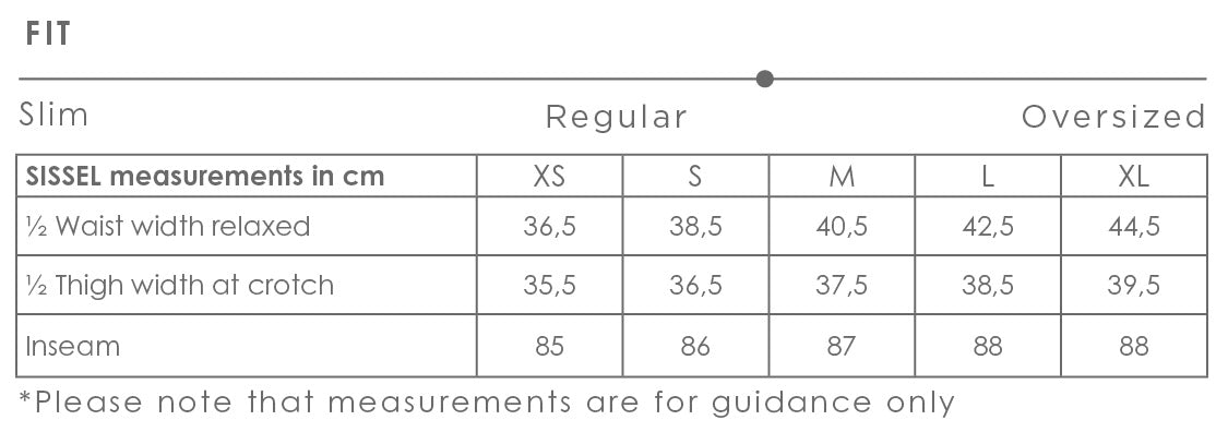 Size chart for Sissel women's pants