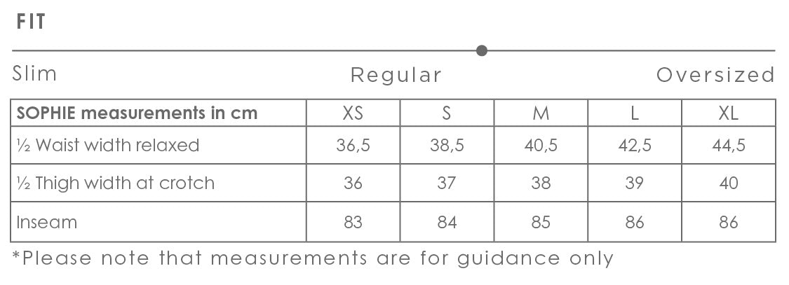 Size chart for Sophie women's pants