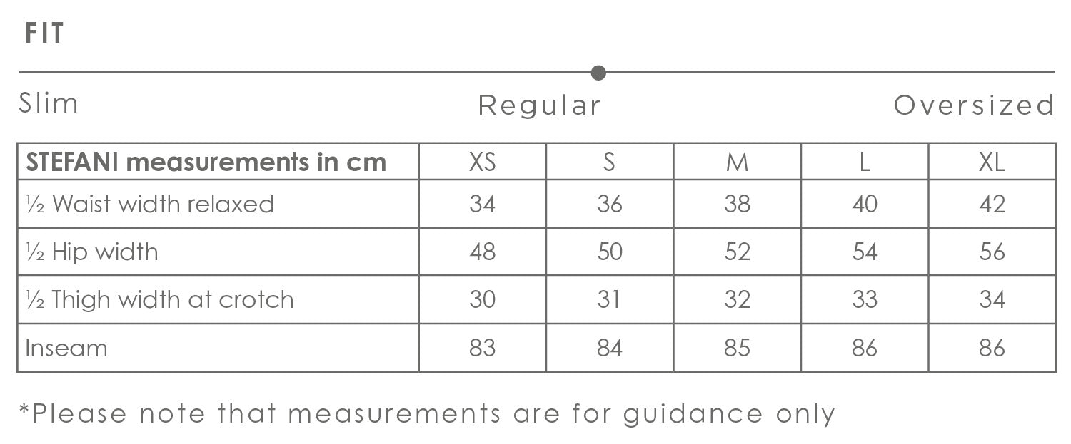 Stefani pants size chart