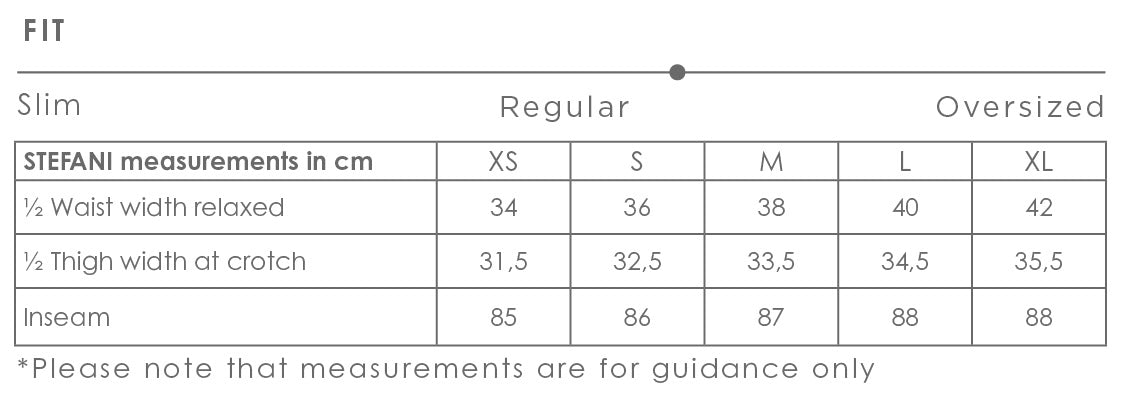 Size chart for Stefani women's pants