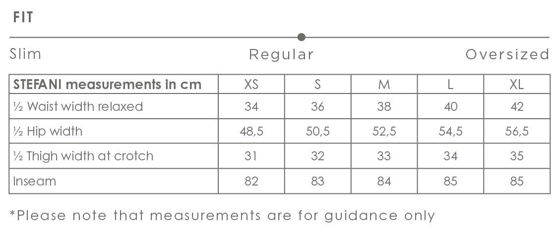 Stefani pants size chart