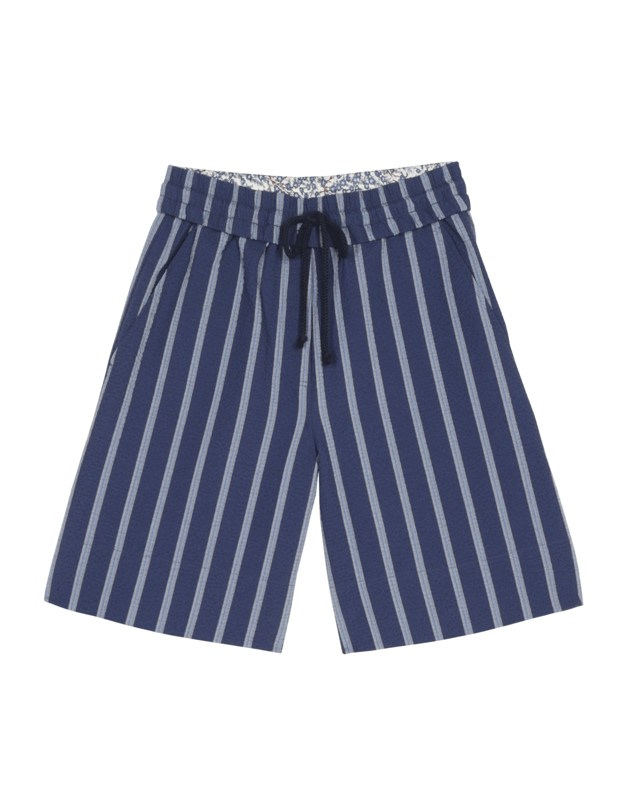 Blue and white striped women's shorts in crisp seersucker