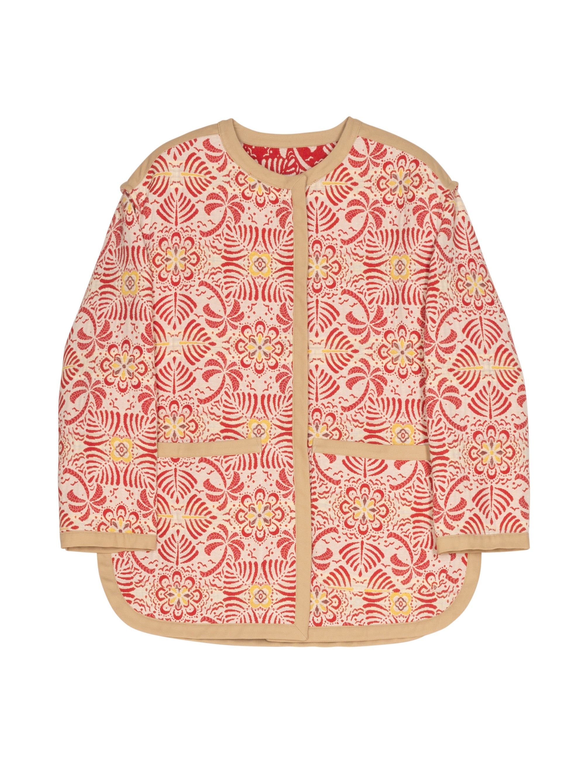 Red patterned women's jacket with beige trim on a white background