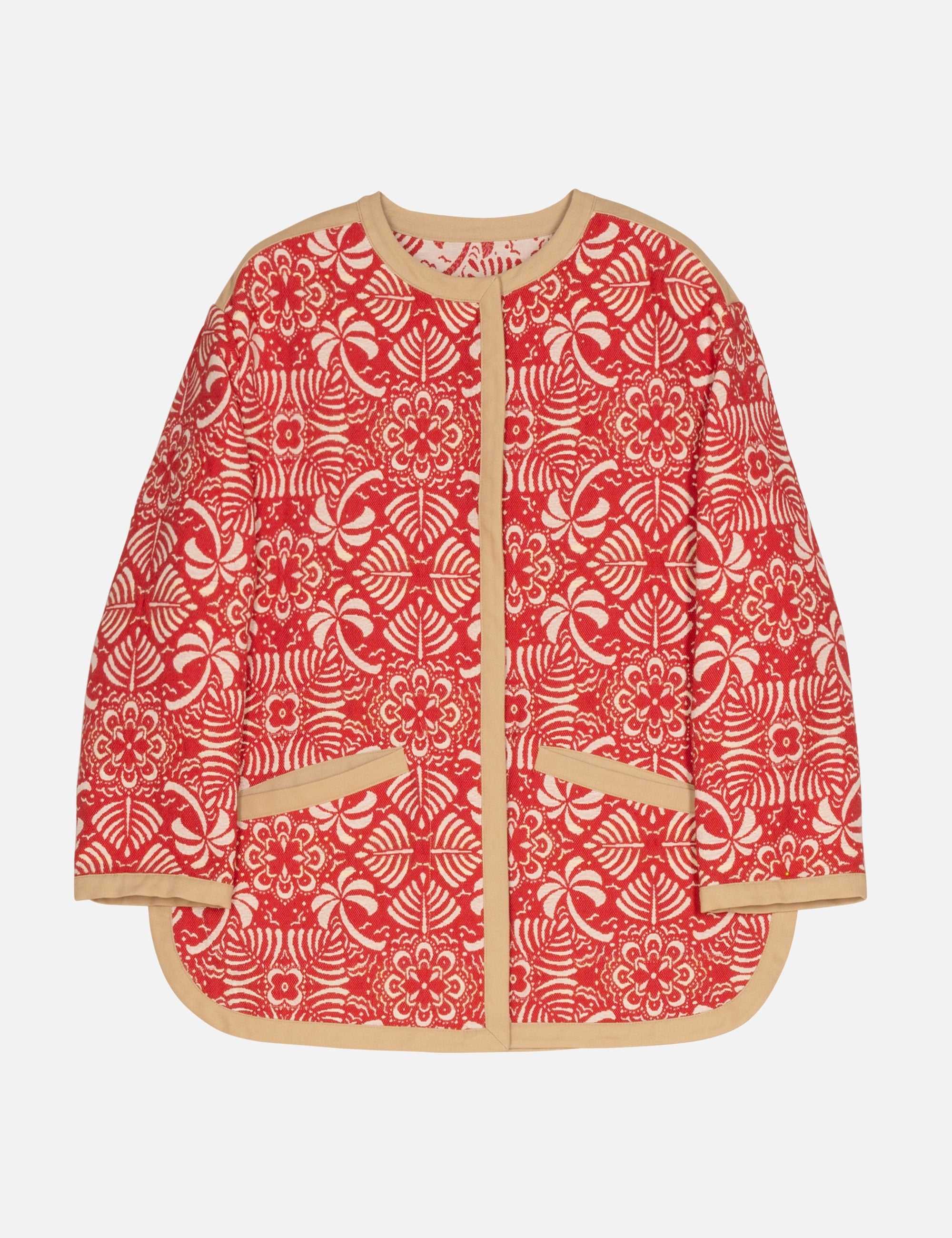 Red patterned women's jacket with beige trim on a white background
