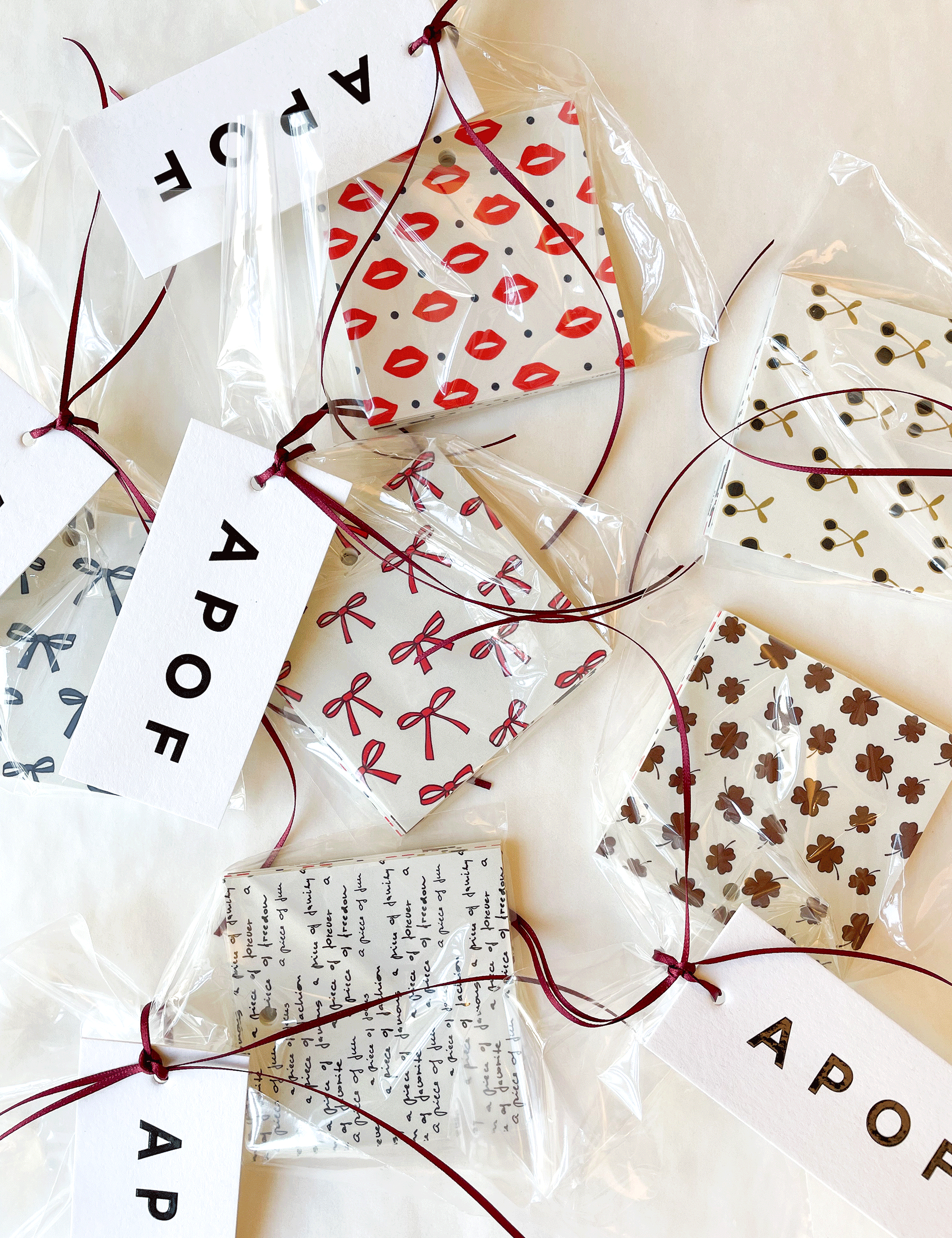 To and from greeting cards with signature APOF print like bows cherries lucky clover and kisses