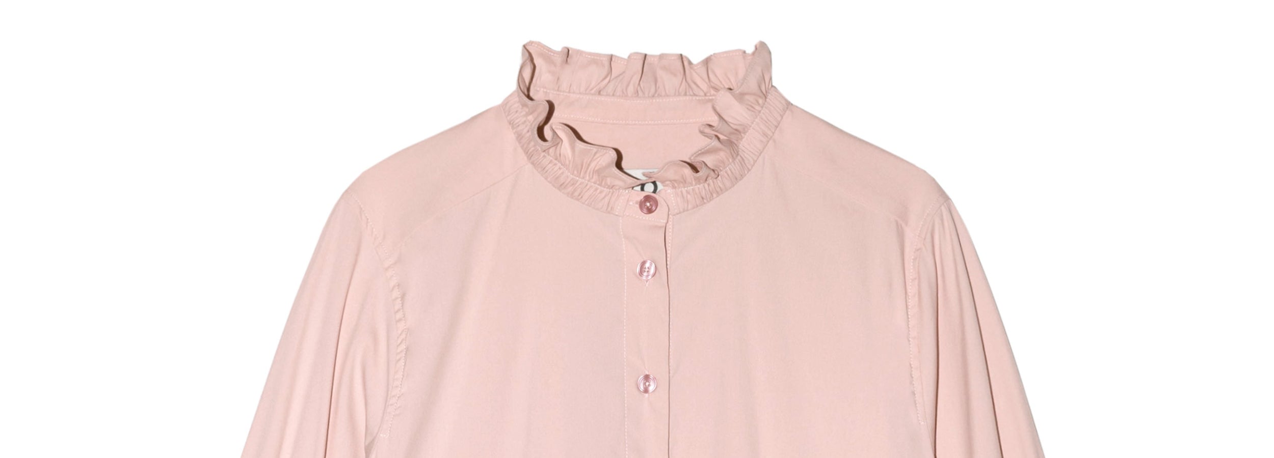 Pink woman's shirt with long sleeves, buttons and ruffled stand collar