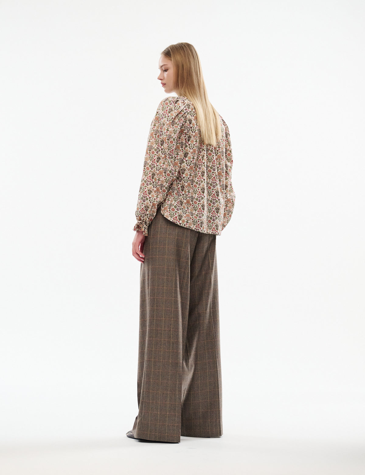 Brown plaid wide-leg pants with high waist, rear side view