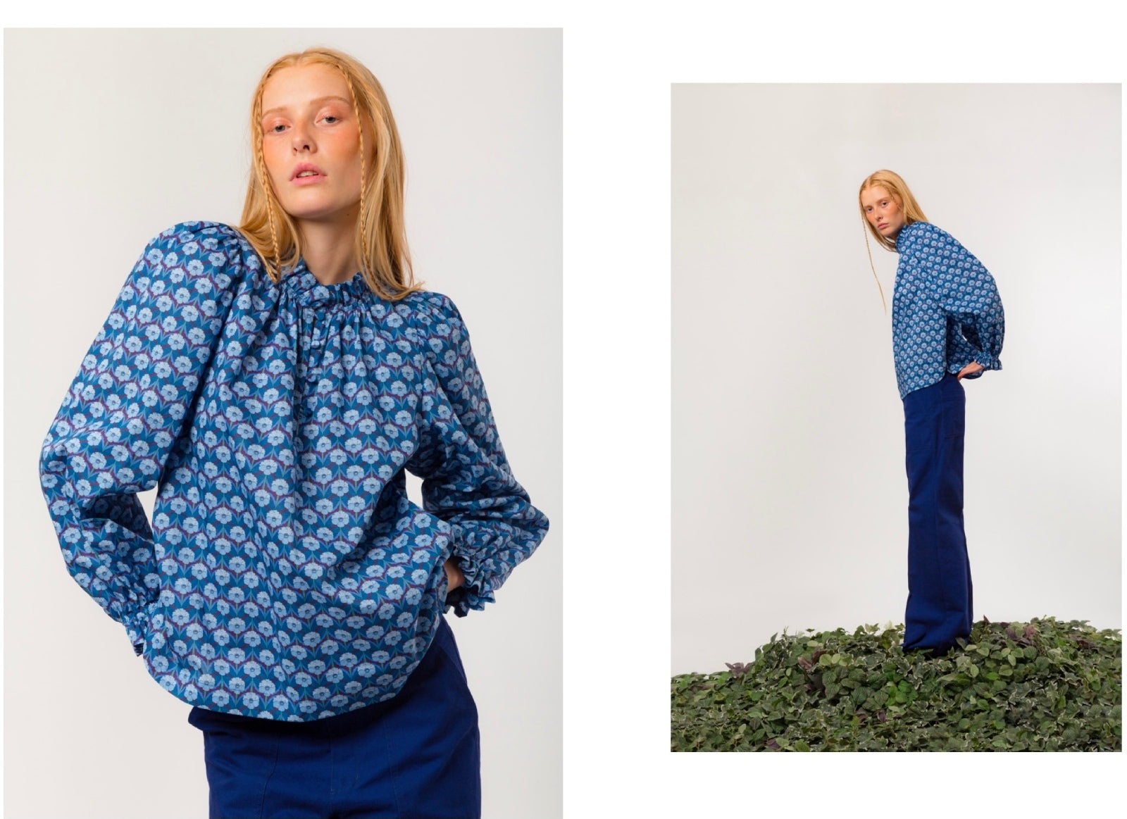 Woman wearing a blue flower patterned blouse and blue pants