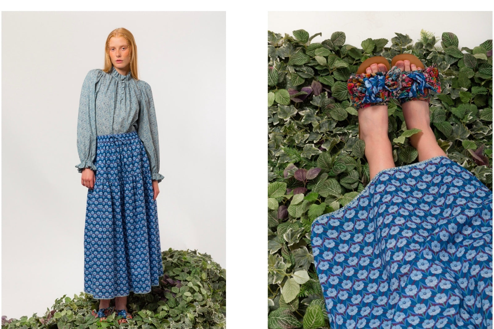 Woman wearing a blue patterned skirt floral shirt with frills and sandals with floral fabric bows