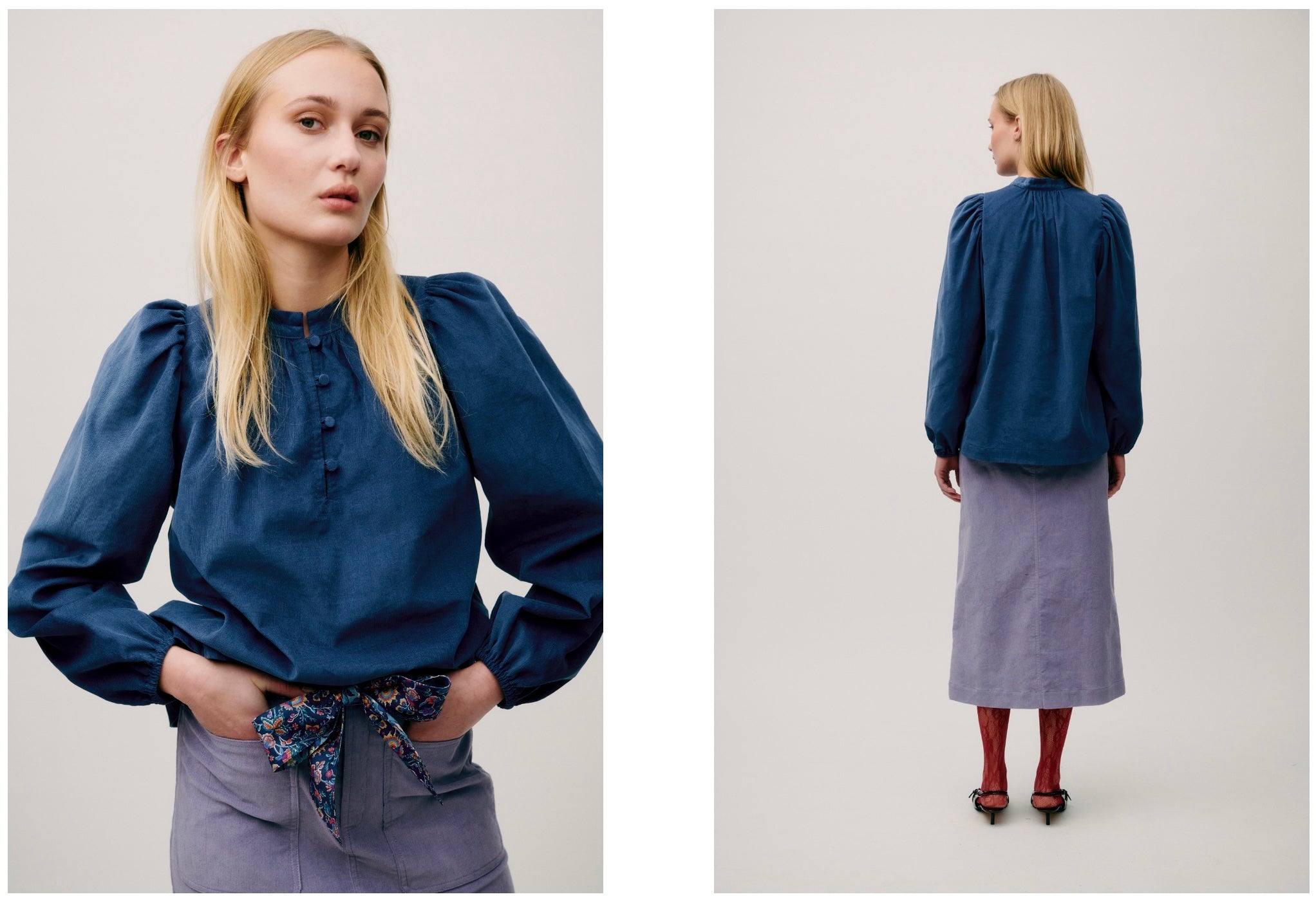 Woman wearing a blue baby cord blouse and lavender skirt, shown from front and back.