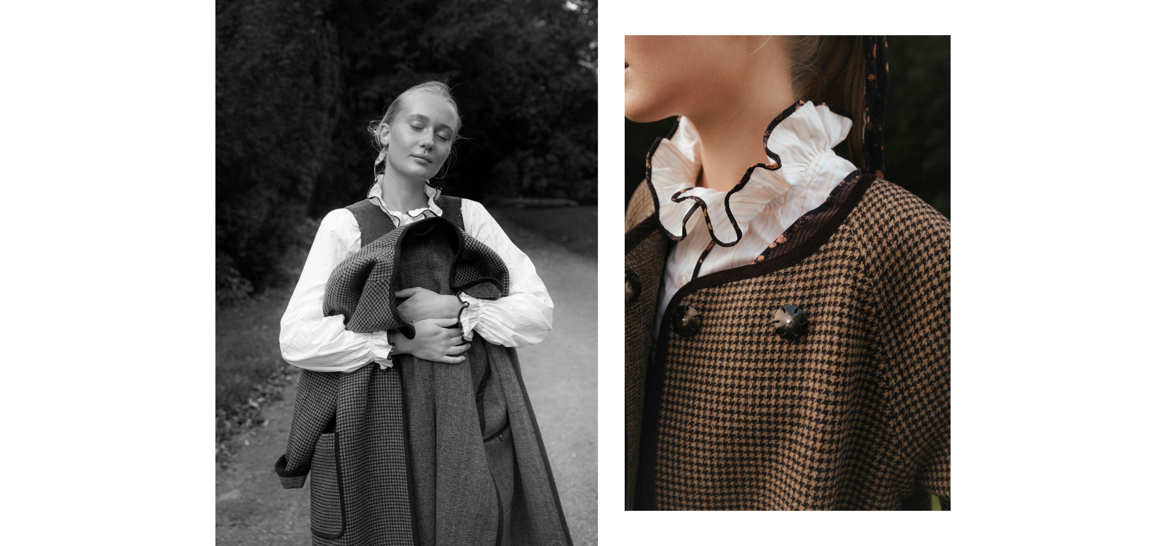 Woman with white bluse with frilled collar and houndstooth patterned coat