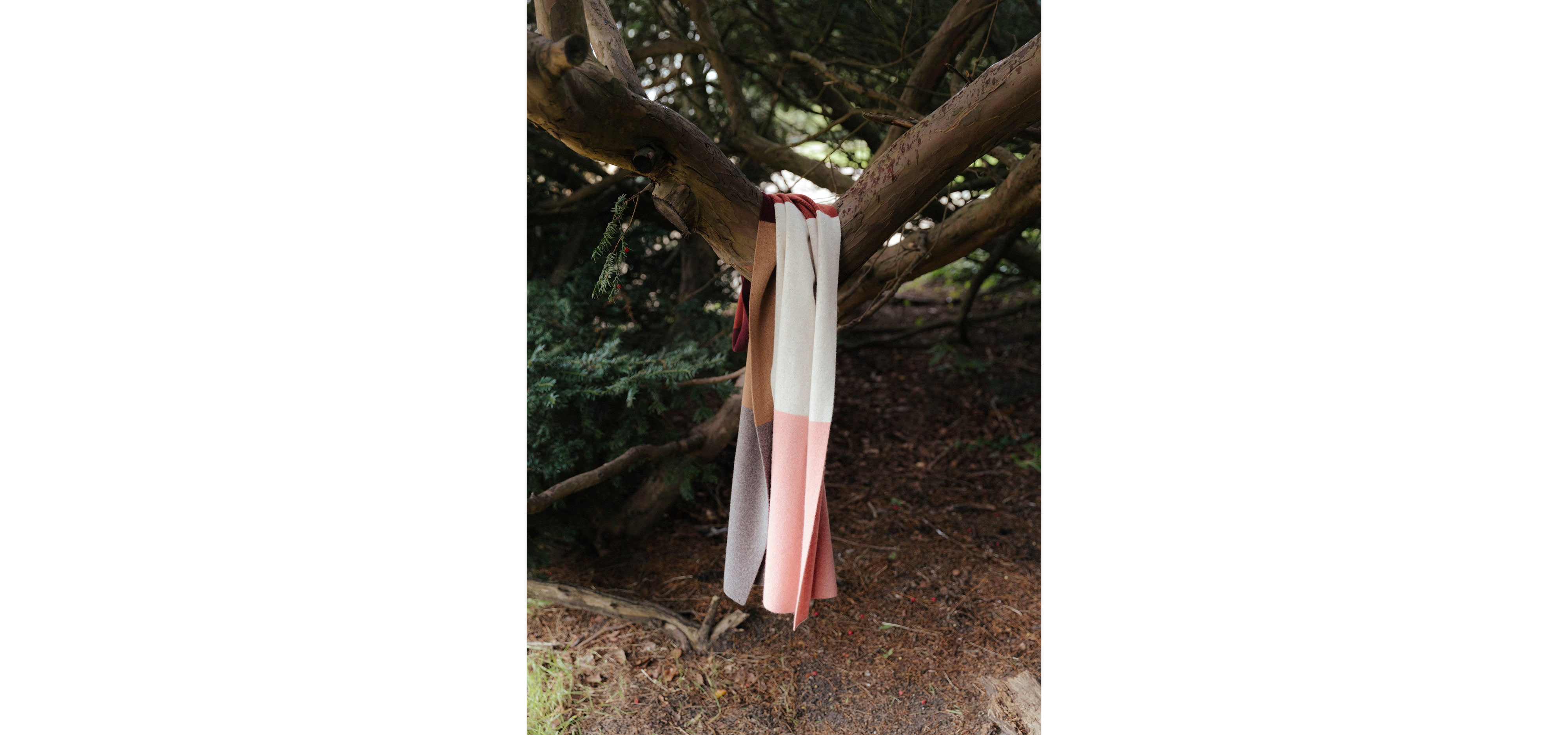 Pink brown and white knitted wool scarf hanging in tree