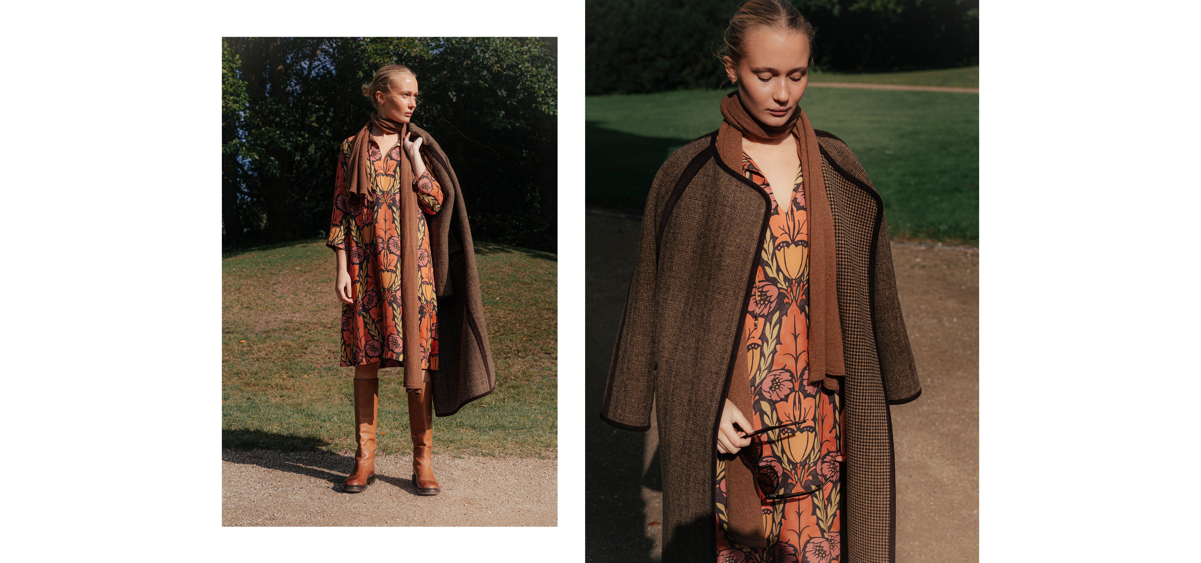 Woman in patterned brown, orange and pink patterned dress, brown scarf and brown wool coat