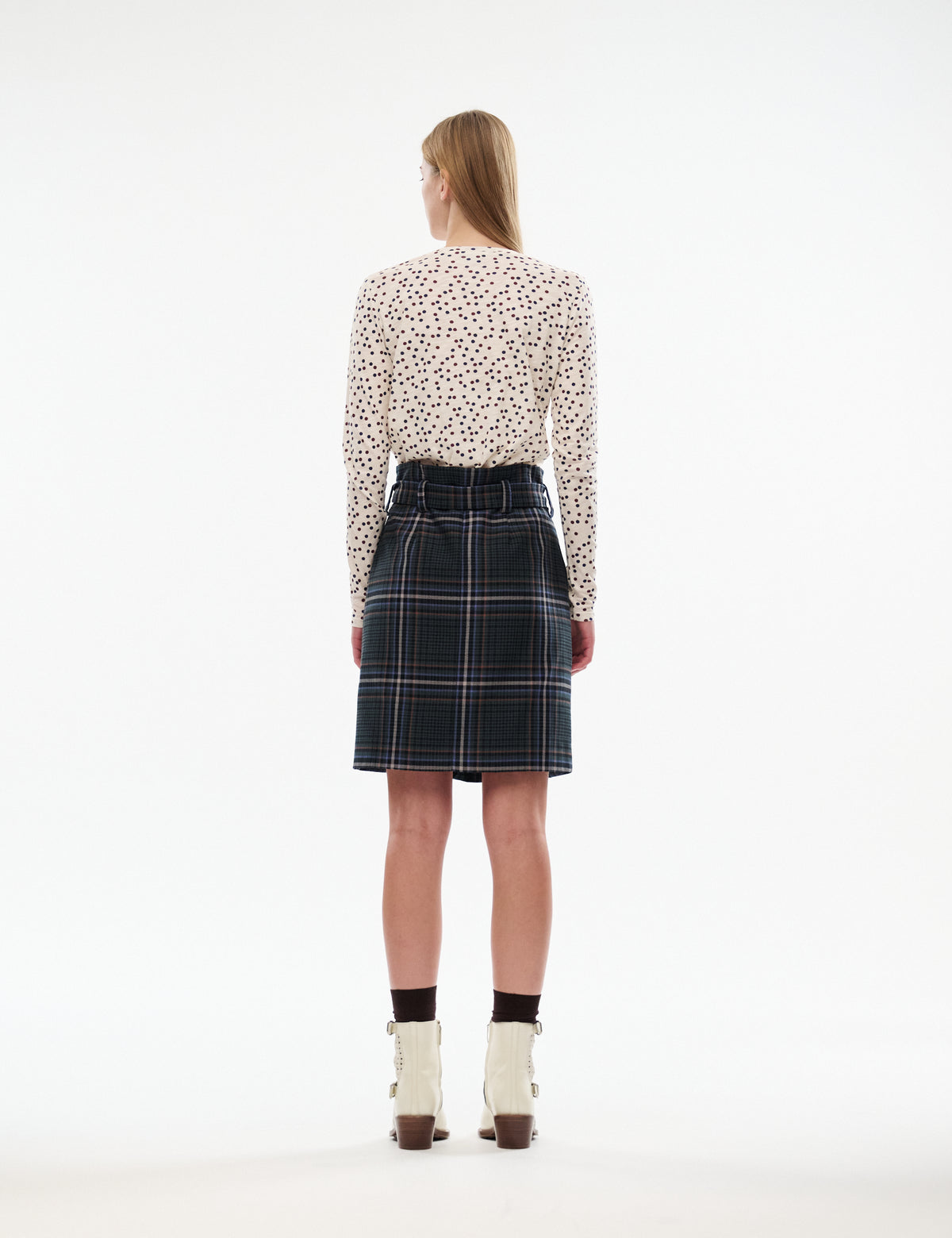 Women’s Harris check skirt, dark plaid A-line with front bow tie at waist
